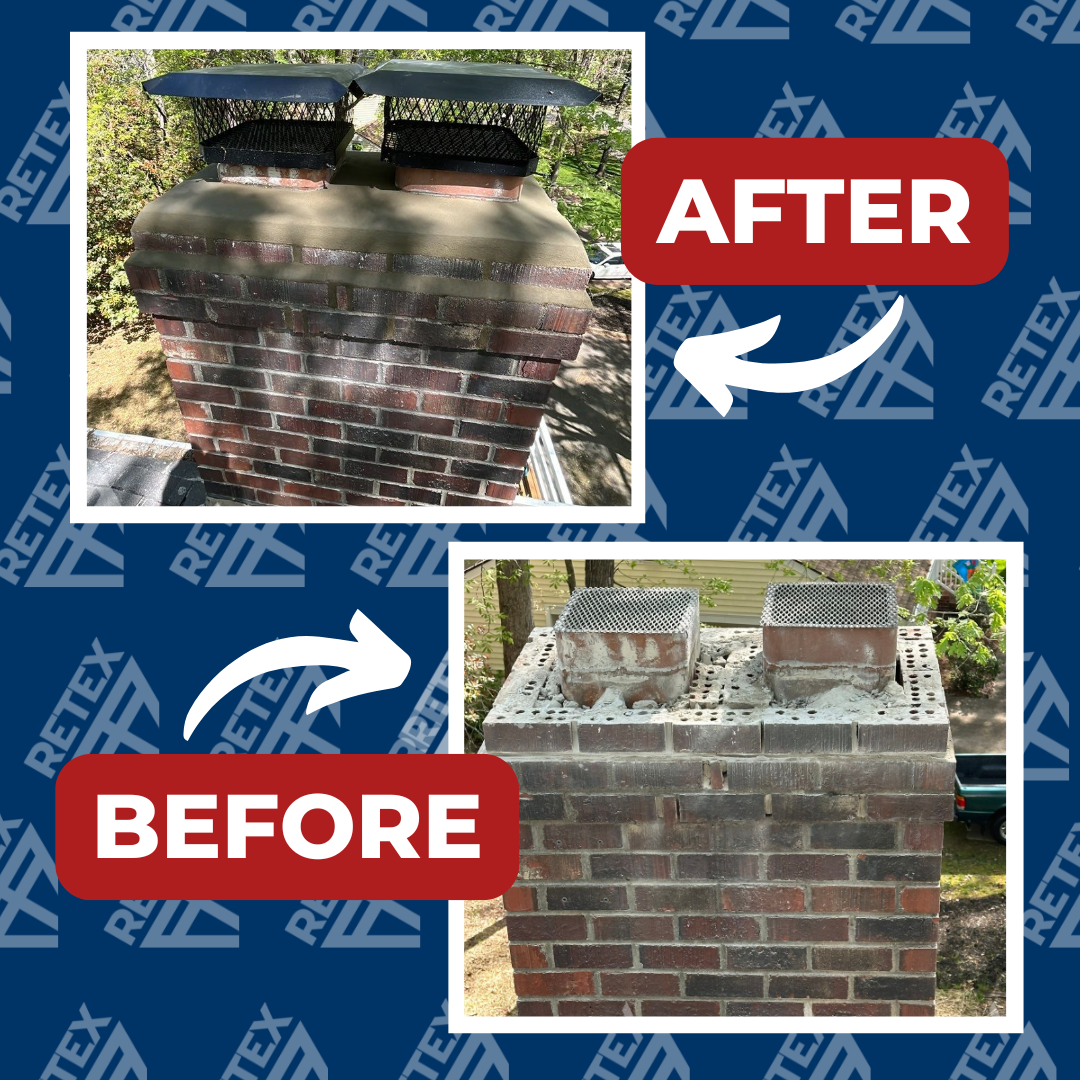 A graphic showing before-and-after photos of a RETEX chimney repointing in North Chesterfield VA 23235.