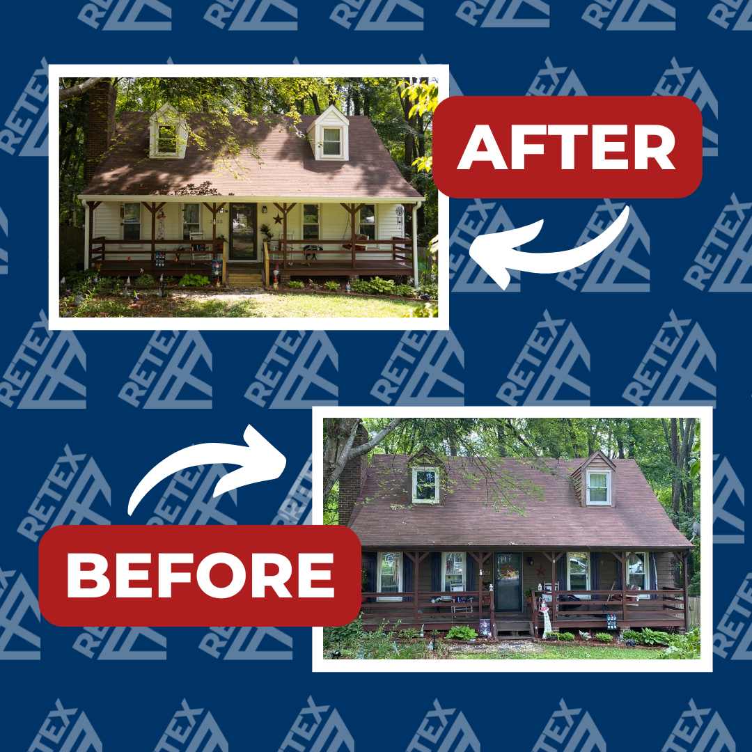 An infographic showcasing before-and-after photos of a RETEX siding replacement project for a North Chesterfield VA home.