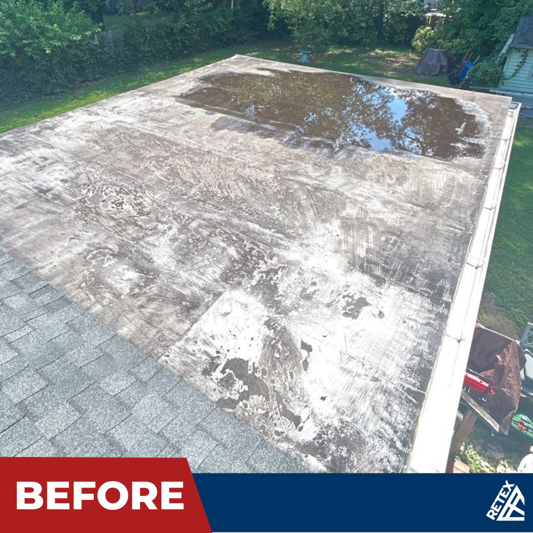 A graphic showing before photo of an asphalt shingle roof and flat roof replacement in North Chesterfield VA 23235.