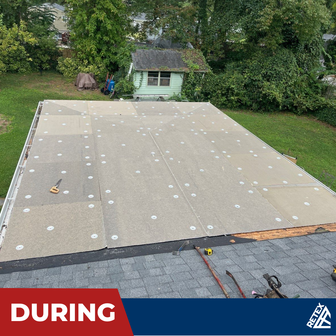 A graphic showing after photo of a flat roof replacement in North Chesterfield VA 23235.