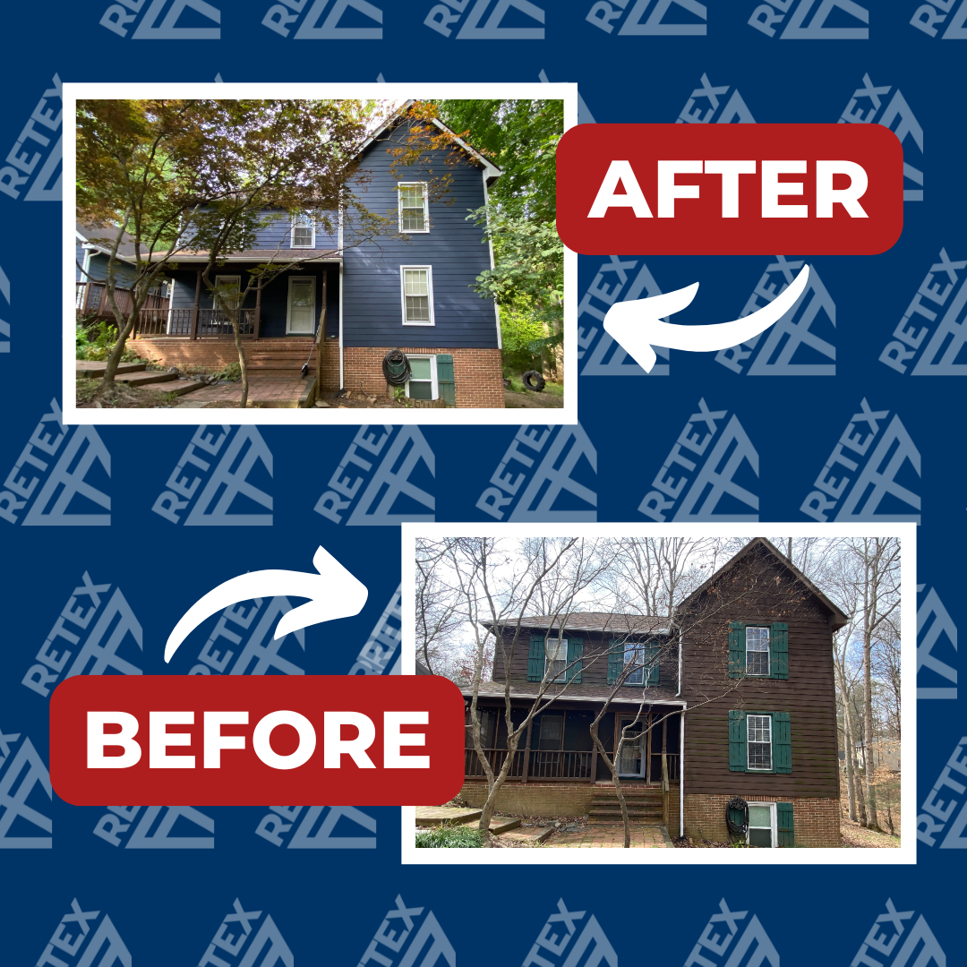 A graphic showing before-and-after photos of a RETEX HardiePlank fiber cement siding replacement in Fredericksburg VA.