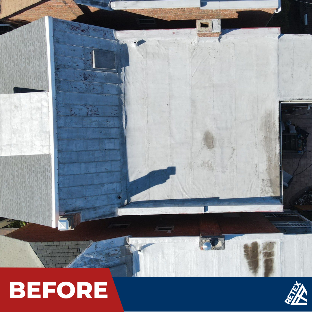A graphic showing before photo of an asphalt shingle roof and flat roof replacement in North Chesterfield VA 23235.