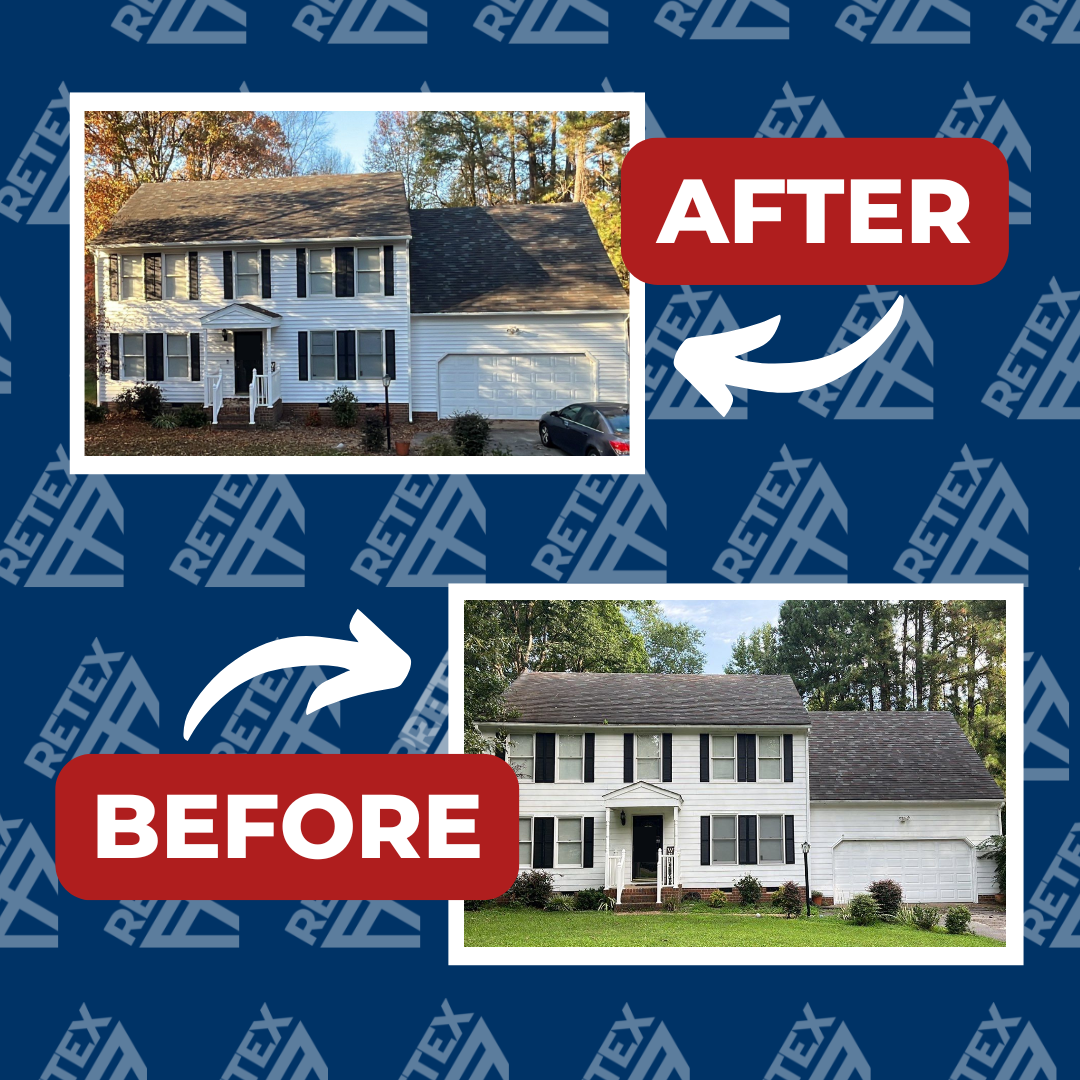 An infographic showcasing before-and-after photos of a RETEX siding replacement project for a Midlothian VA home.