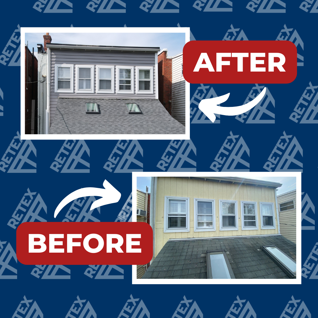 A graphic showing before-and-after photos of a RETEX roof, siding, and window replacement in Richmond VA.