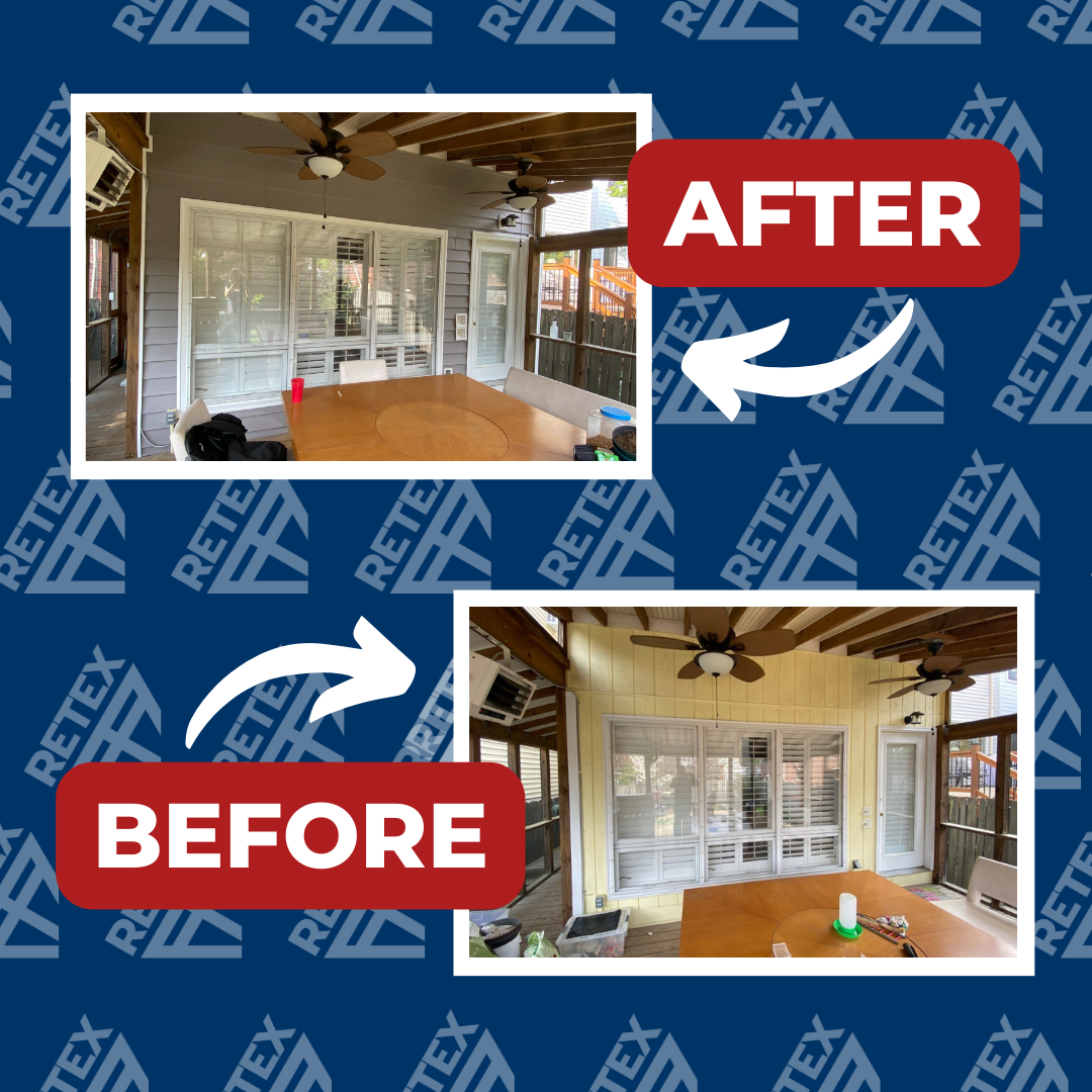 A graphic showing before-and-after photos of a RETEX roof, siding, and window replacement in Richmond VA.