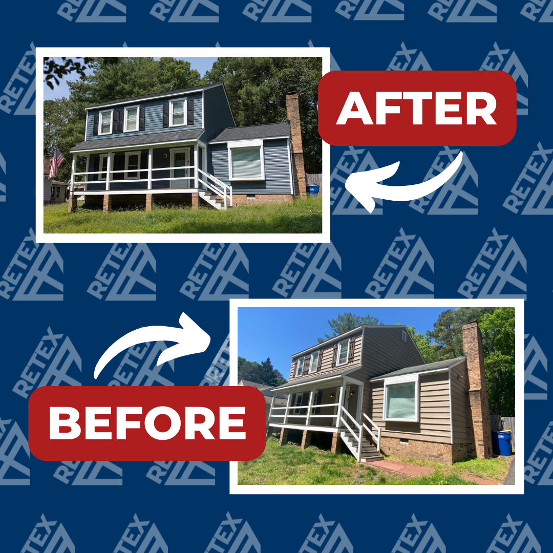 A graphic showing before-and-after photos of a RETEX roof, siding, and gutter replacement in North Chesterfield VA 23235.