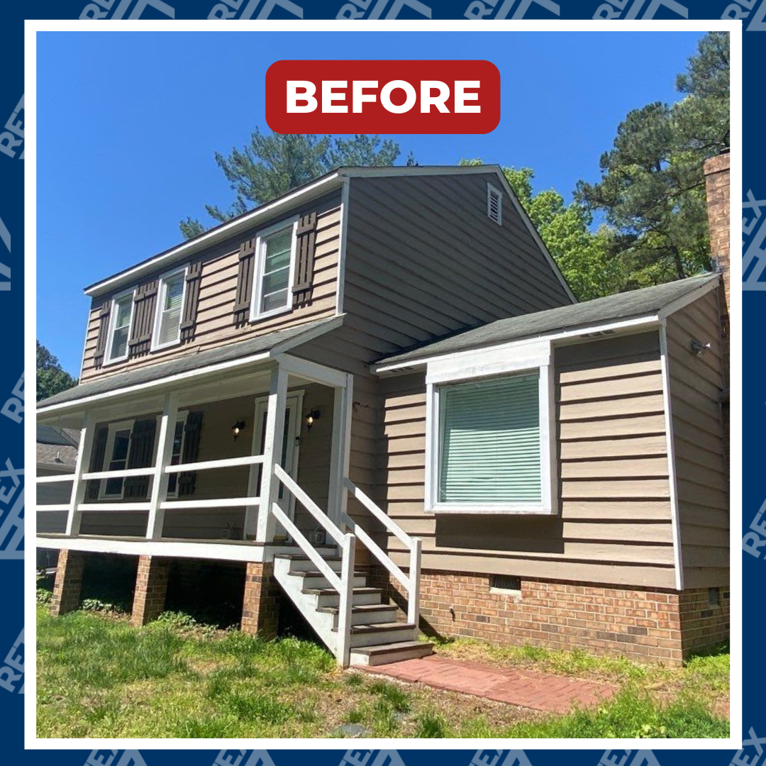 A graphic showing a before-installation photo of a RETEX roof, siding, and gutter replacement in North Chesterfield VA 23235.