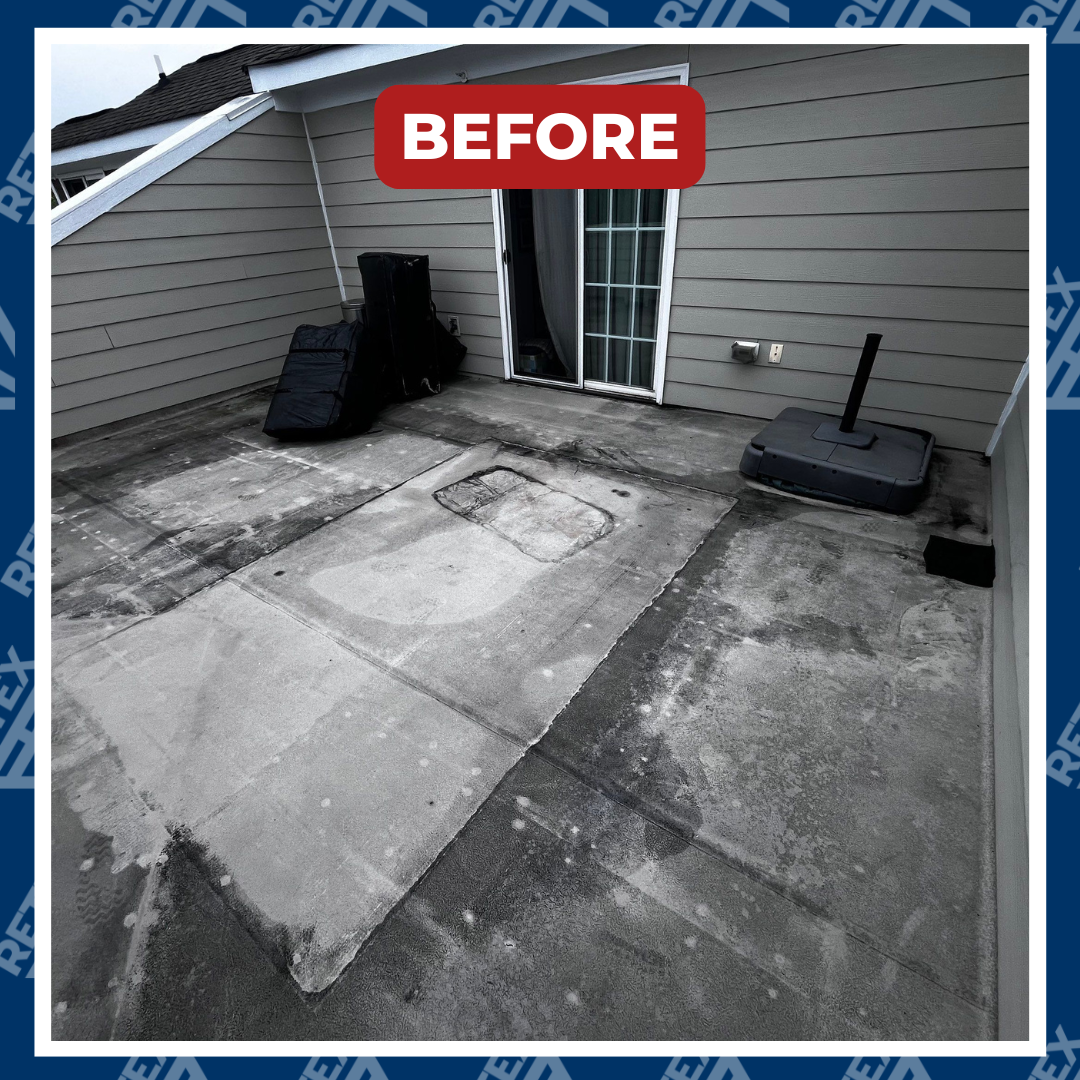 A graphic showing before photo of an asphalt shingle roof and flat roof replacement in North Chesterfield VA 23235.