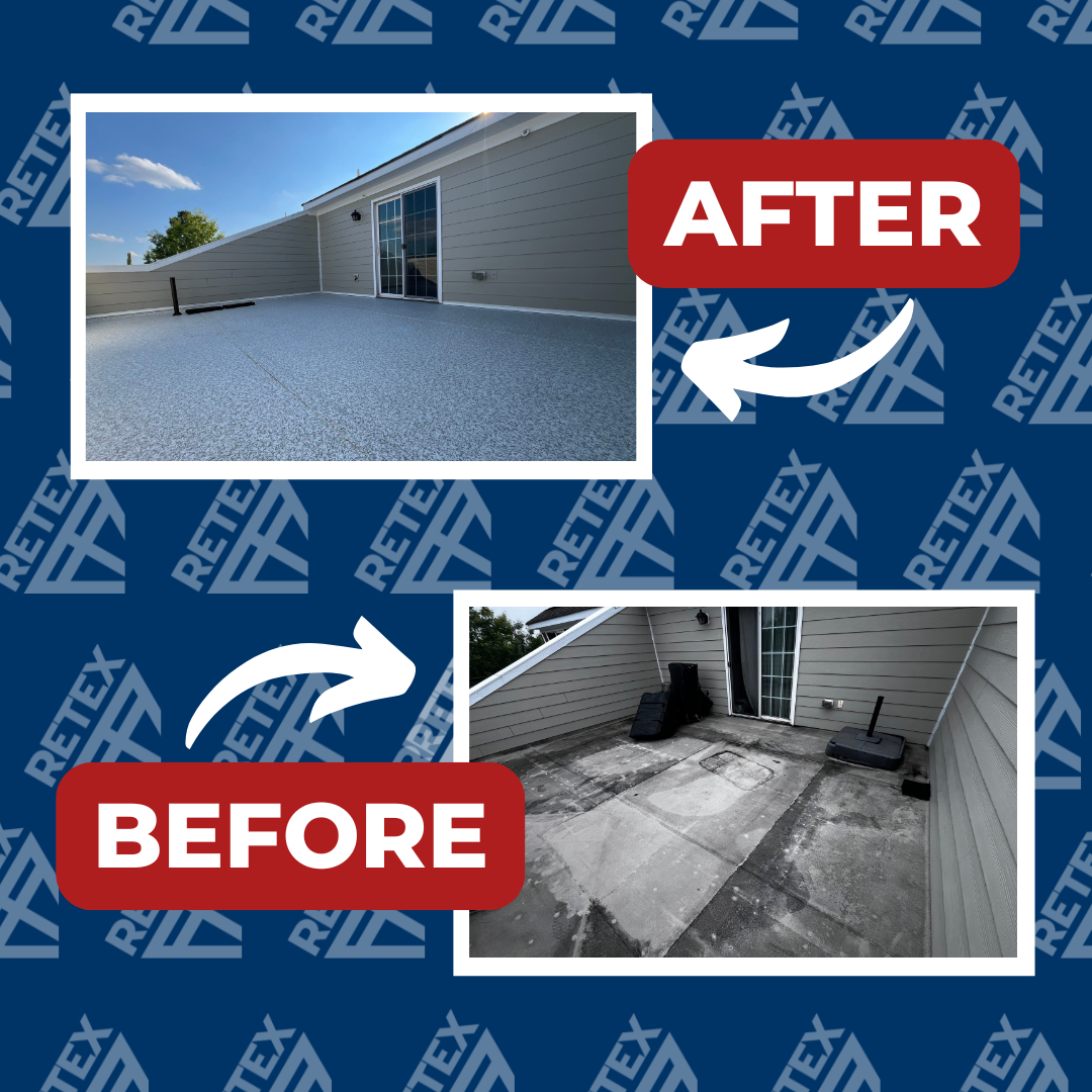 A graphic showing before-and-after photos of an asphalt shingle roof and flat roof replacement in North Chesterfield VA.