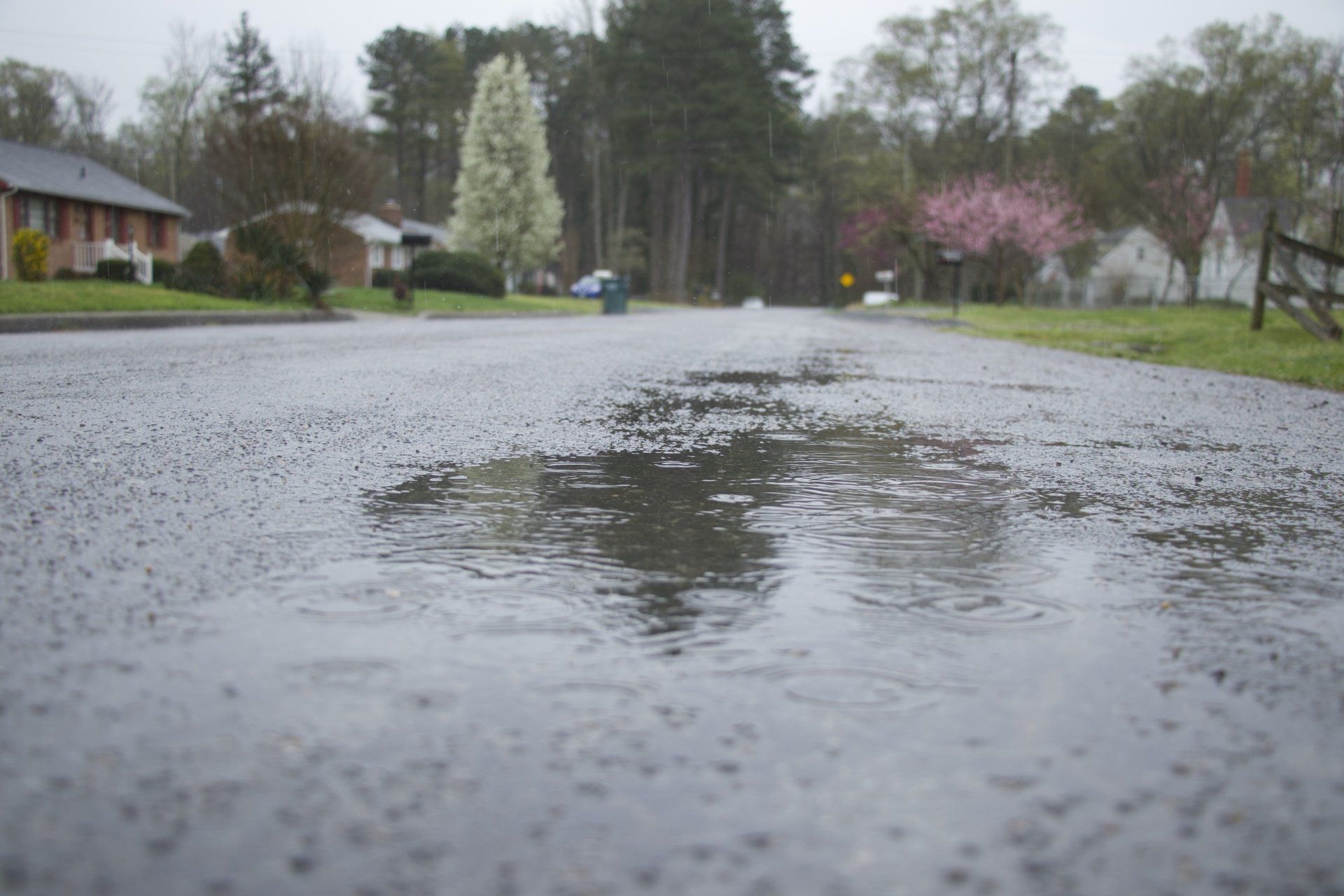 Image of a Richmond neighborhood street during a rainstorm.