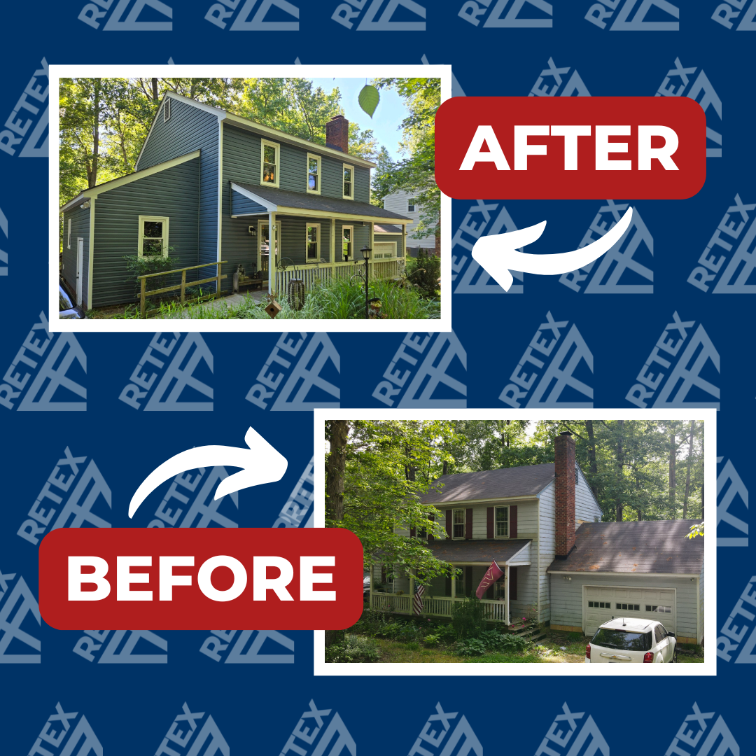 A graphic showcasing before-and-after photos of a RETEX vinyl siding replacement in North Chesterfield VA.