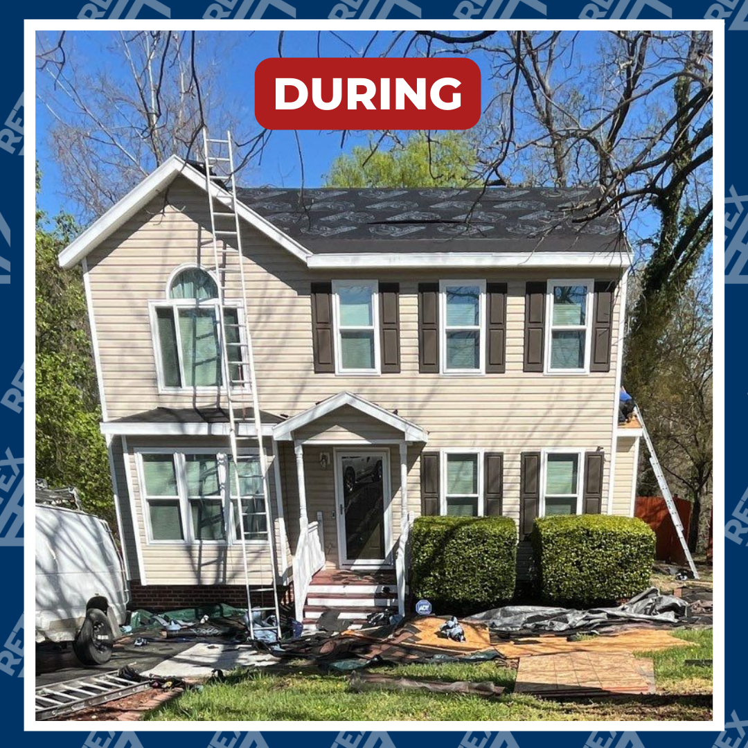 A graphic showing a during-installation photo of a RETEX roof replacement in North Chesterfield, VA 23234.
