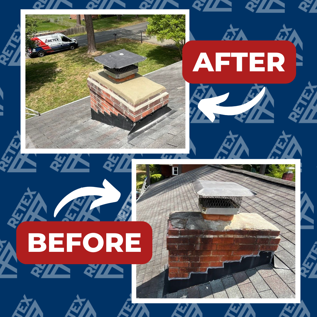 A graphic showing before-and-after photos of a RETEX chimney repointing in Richmond VA 23225.
