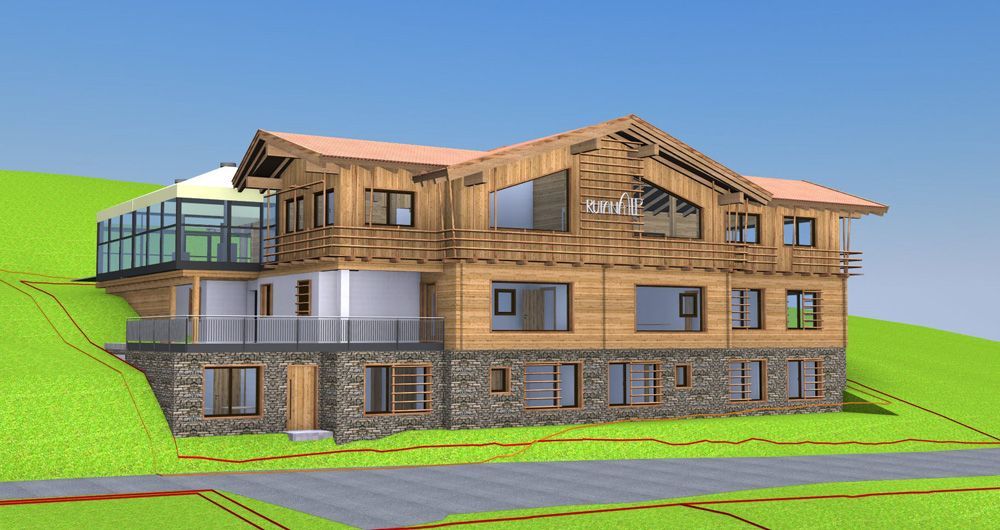 Künstlerische Darstellung eines großen Holzhauses auf einem Hügel.