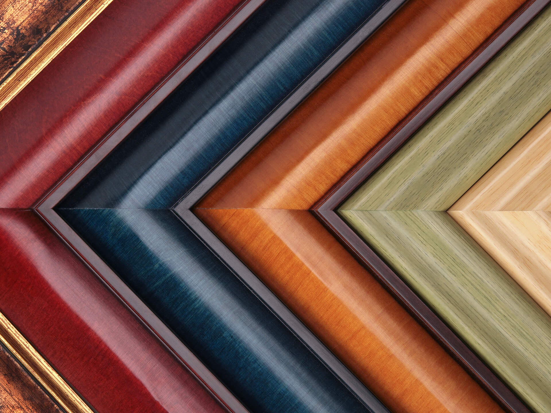 Edges of multiple colored wooden custom frames
