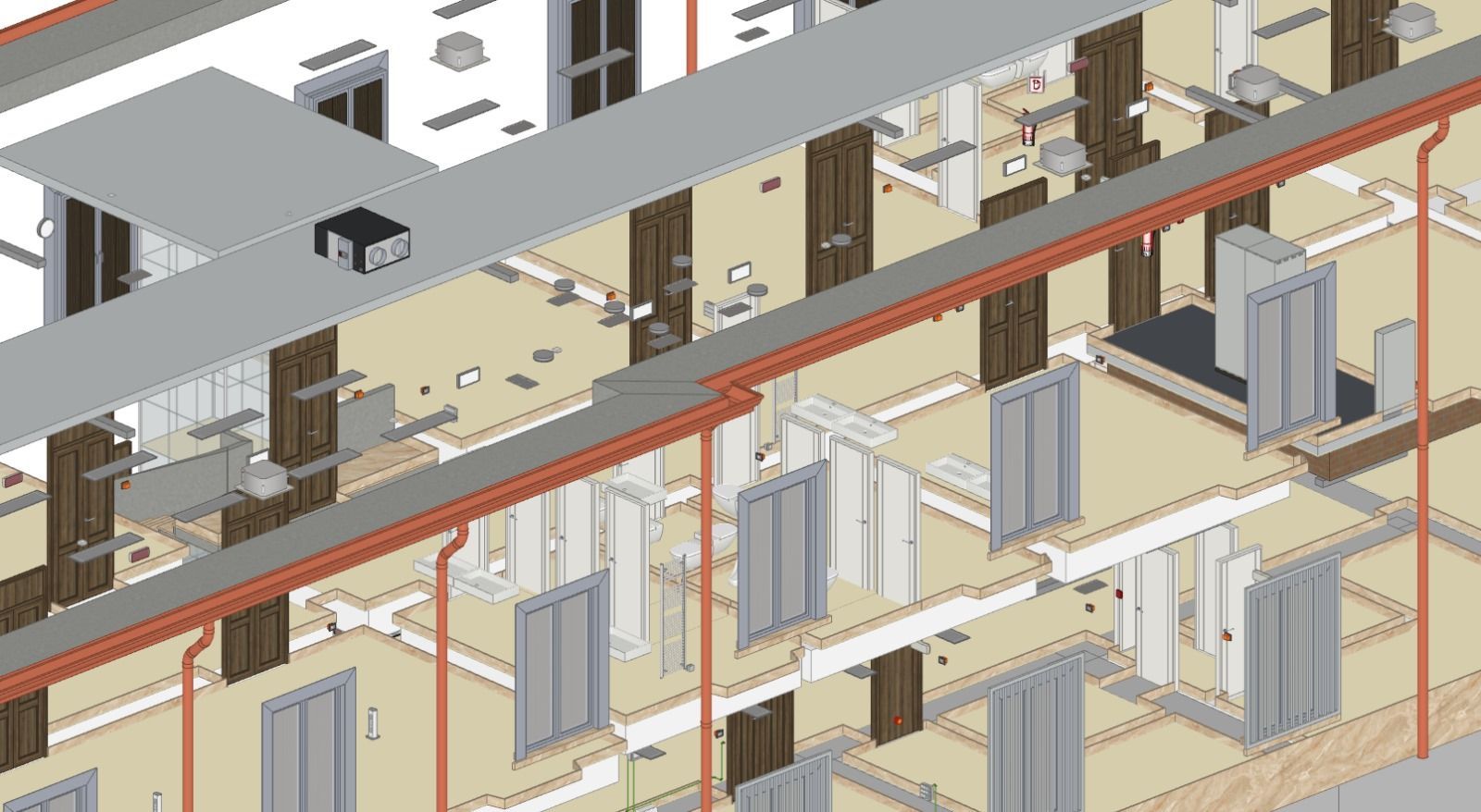 Un modello 3d di un edificio con molte porte e finestre.