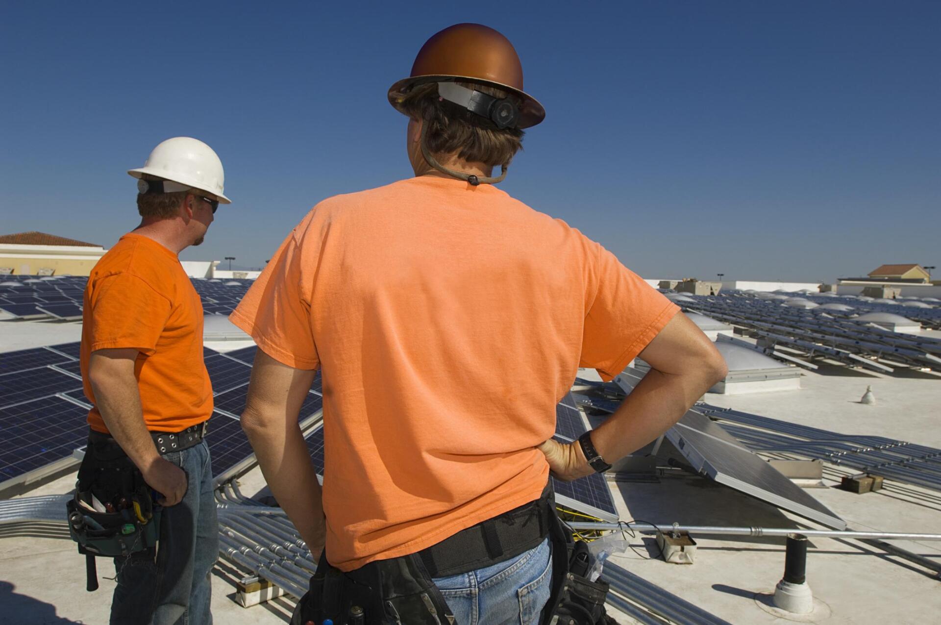 two workers checking the solar panels