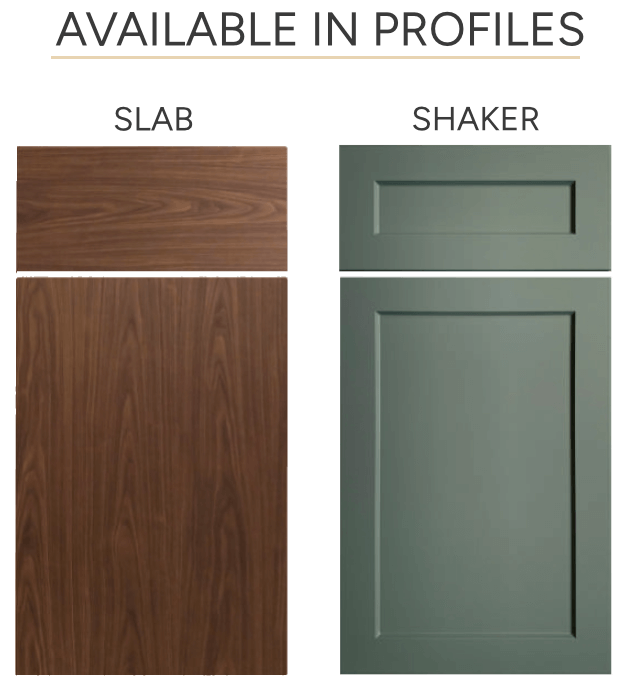 A picture of a slab and shaker cabinet door