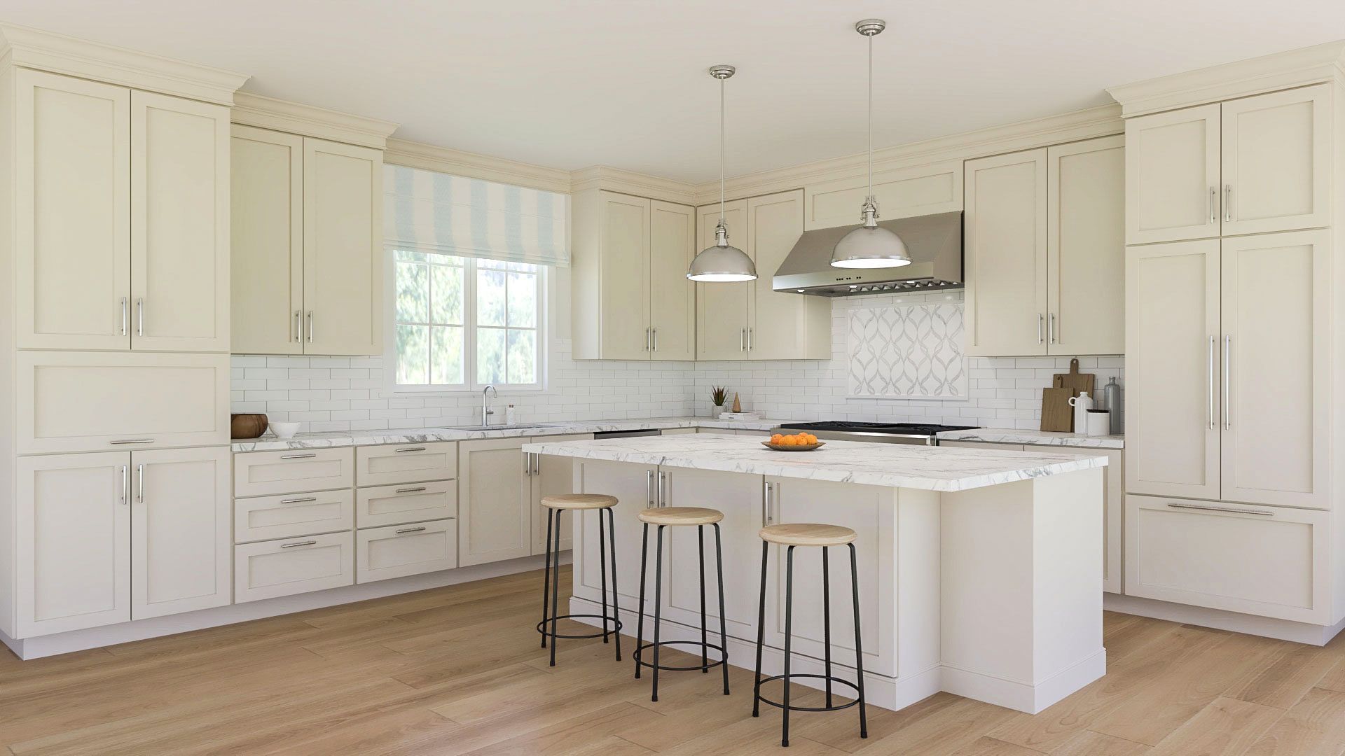 A kitchen with white cabinets and stools and a large island.