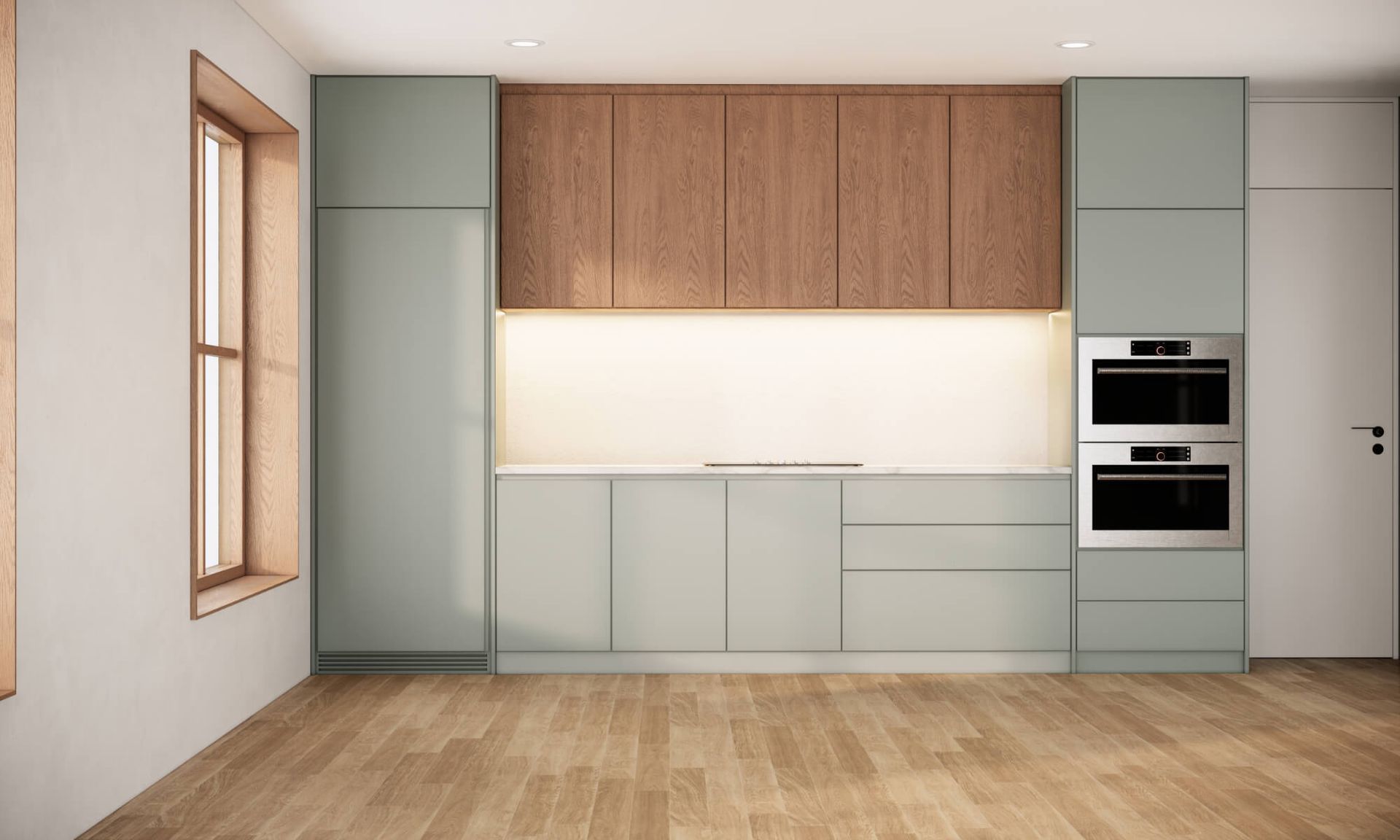 An empty kitchen with wooden cabinets and a window.