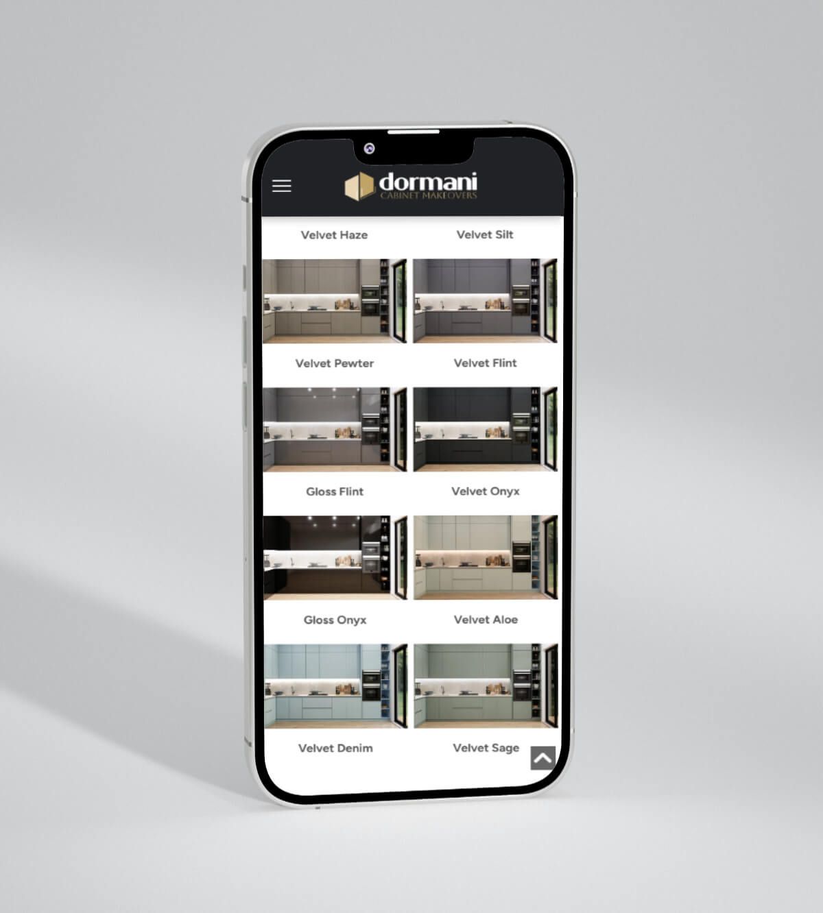 Smartphone displaying a website with various kitchen cabinet styles, each with an image preview.