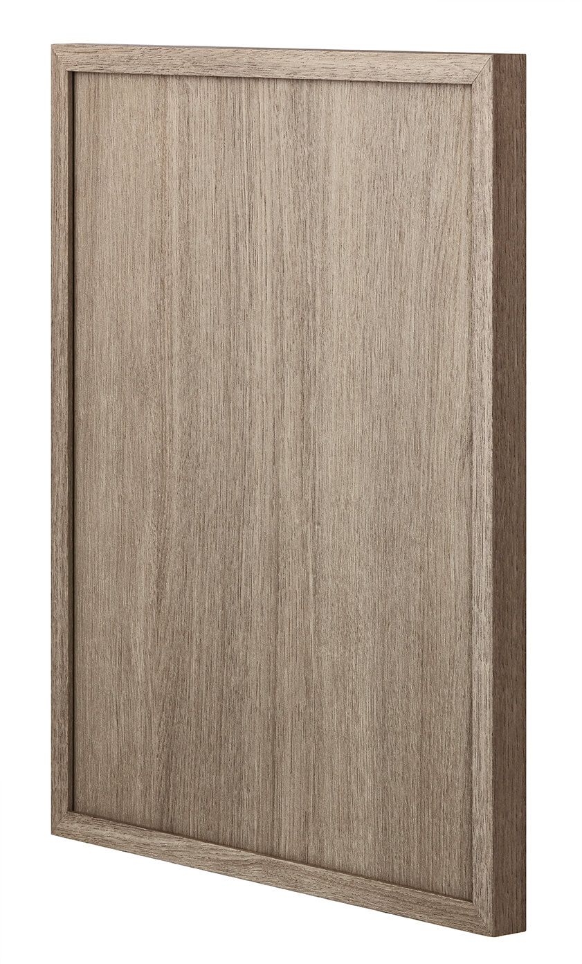A close up of a wooden picture frame on a white background.