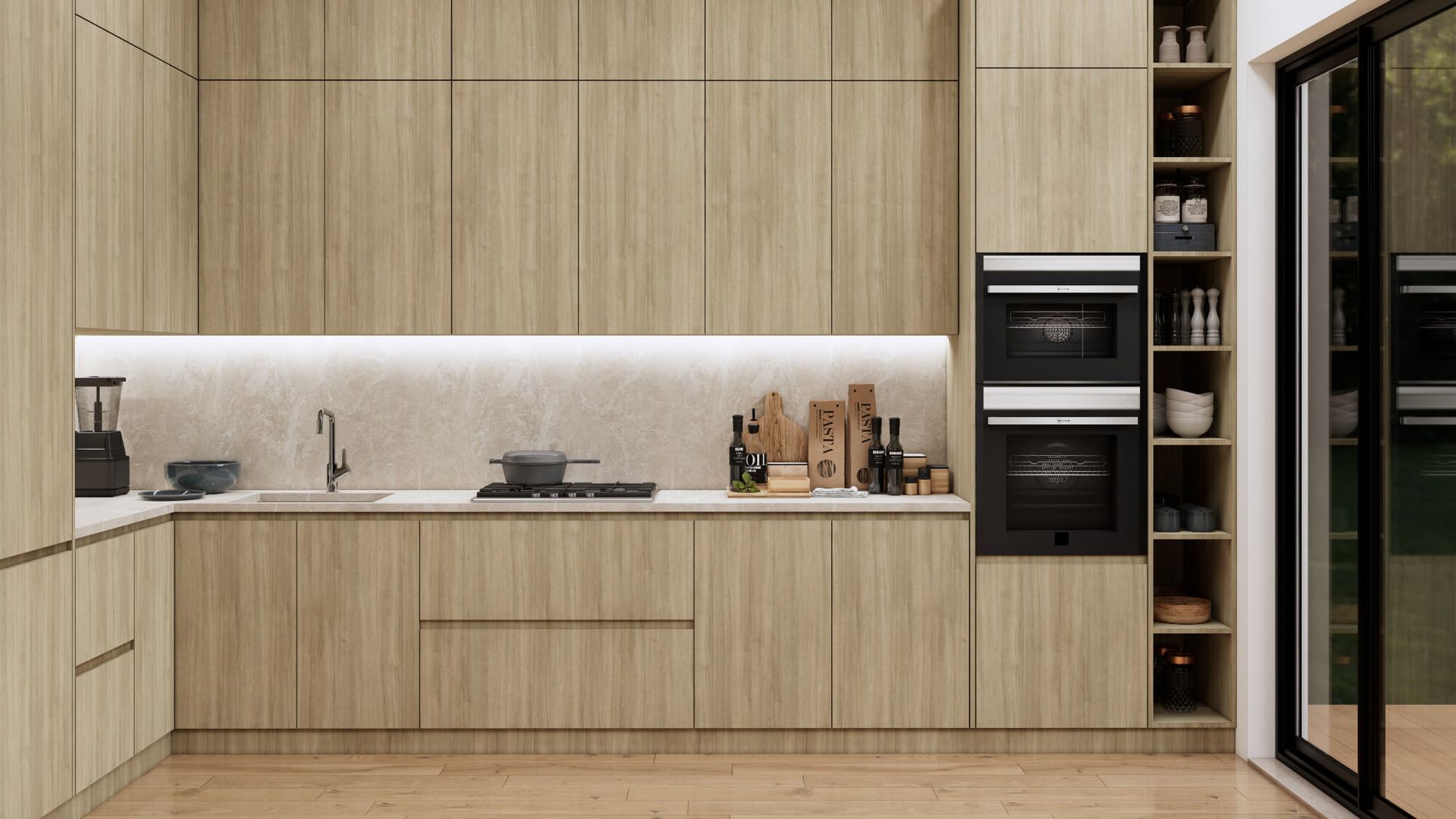 A kitchen with wooden cabinets , a sink , an oven , and a sliding glass door.