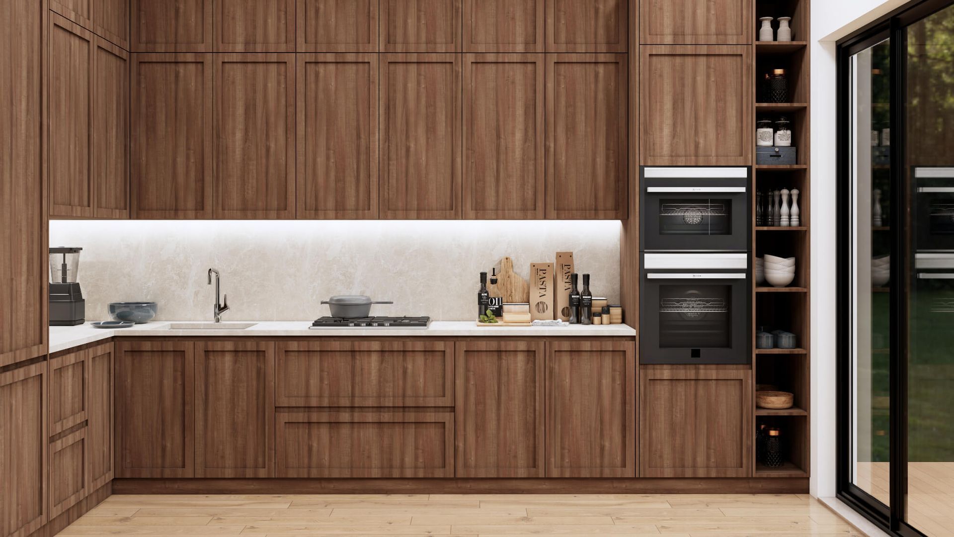 A kitchen with wooden cabinets and a sliding glass door.