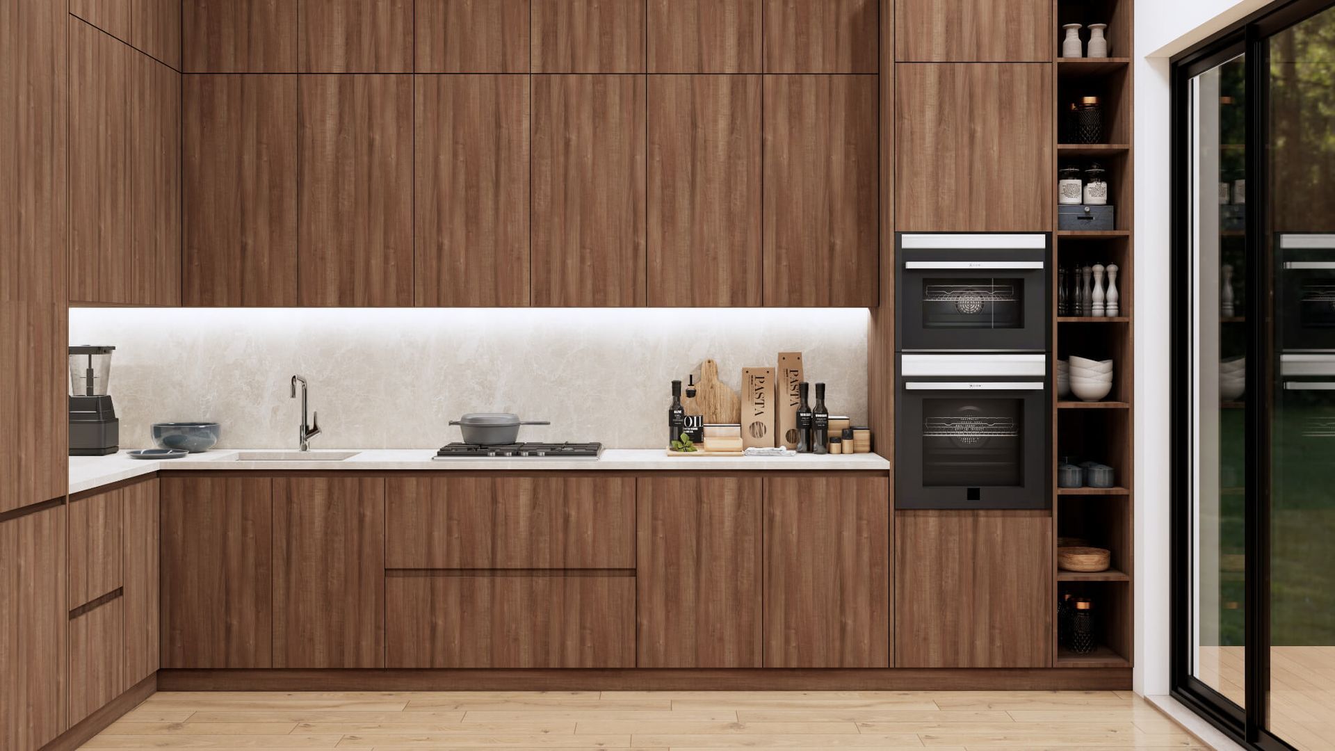 A kitchen with wooden cabinets and a sliding glass door.