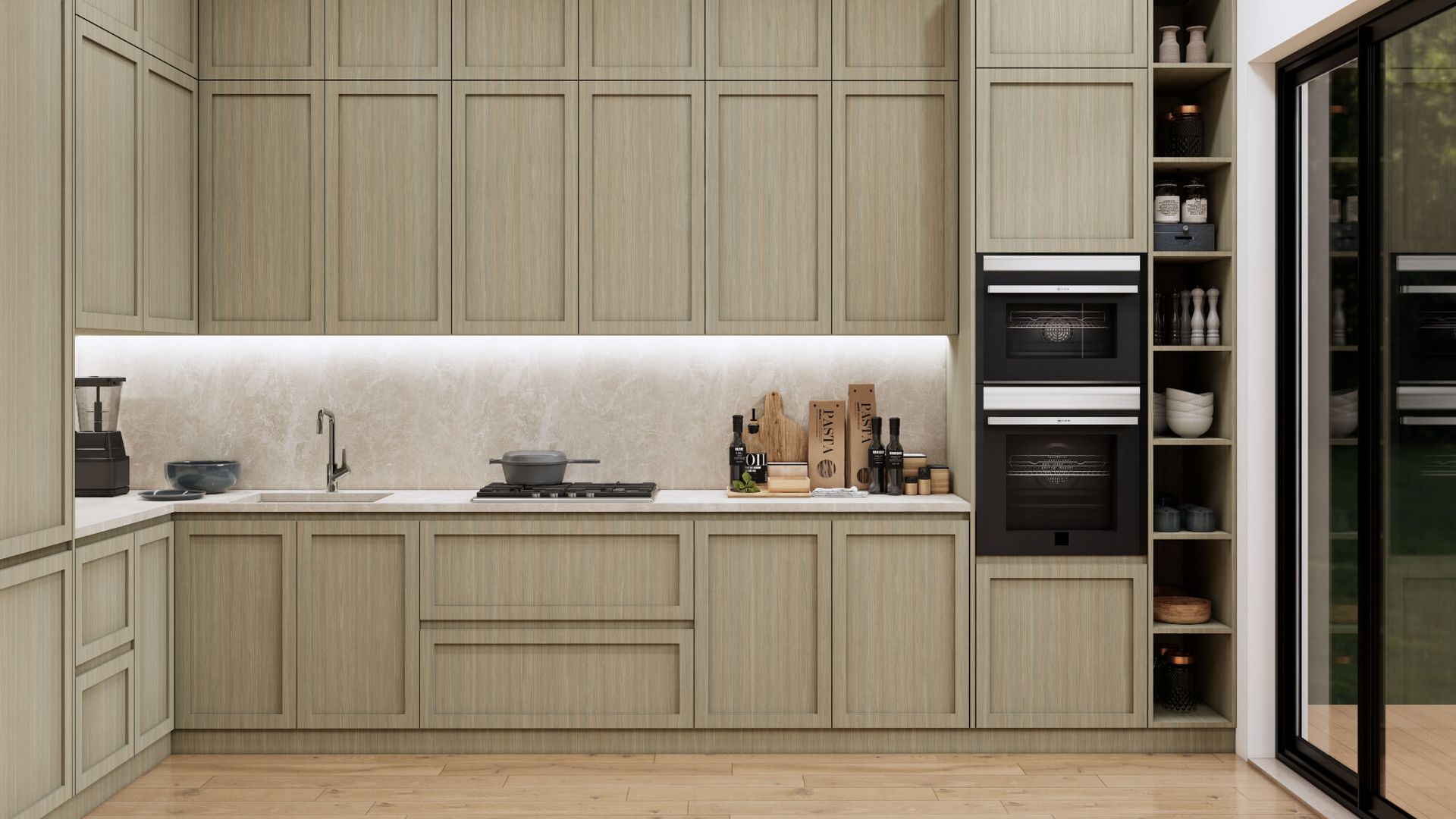 A kitchen with wooden cabinets , a sink , an oven , and a sliding glass door.