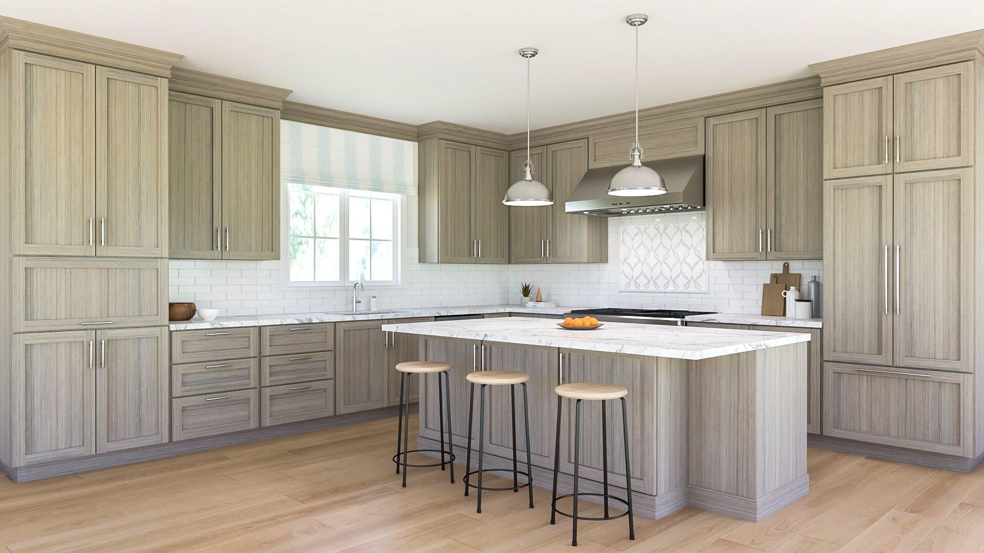 A kitchen with a large island and stools.