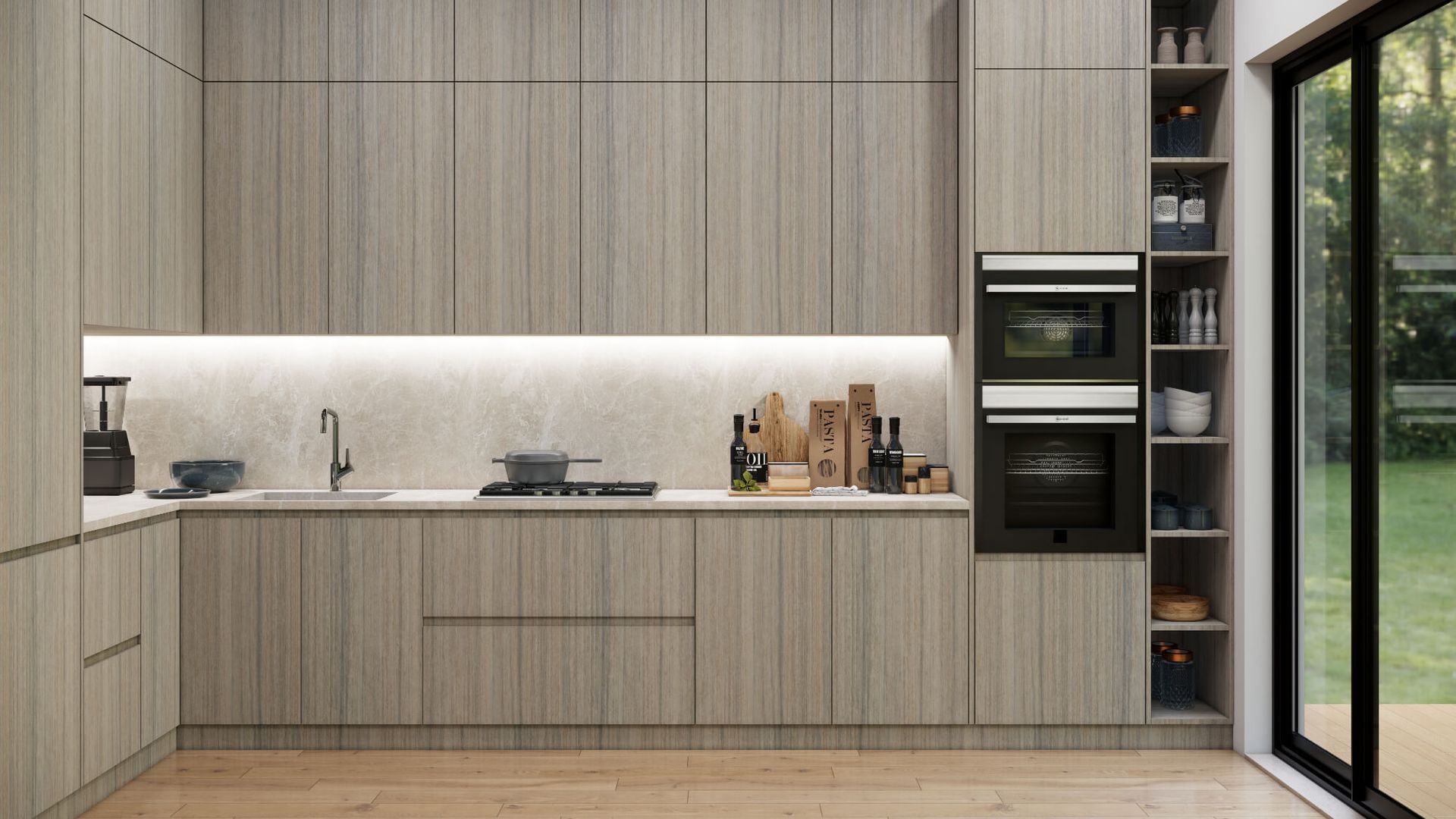 A kitchen with wooden cabinets , a sink , a microwave , and a sliding glass door.