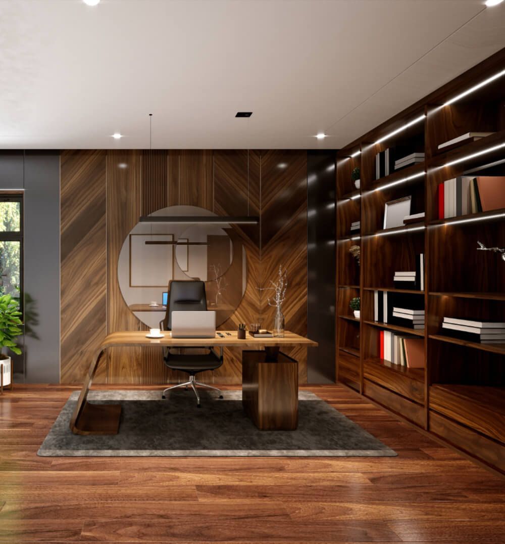 A room with a desk and a chair in it