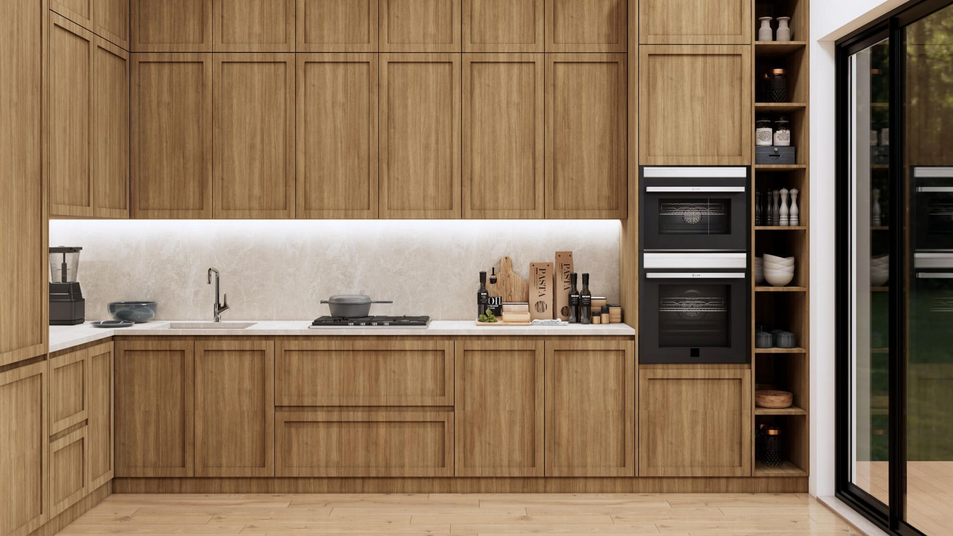 A kitchen with wooden cabinets , a sink , and a stove.