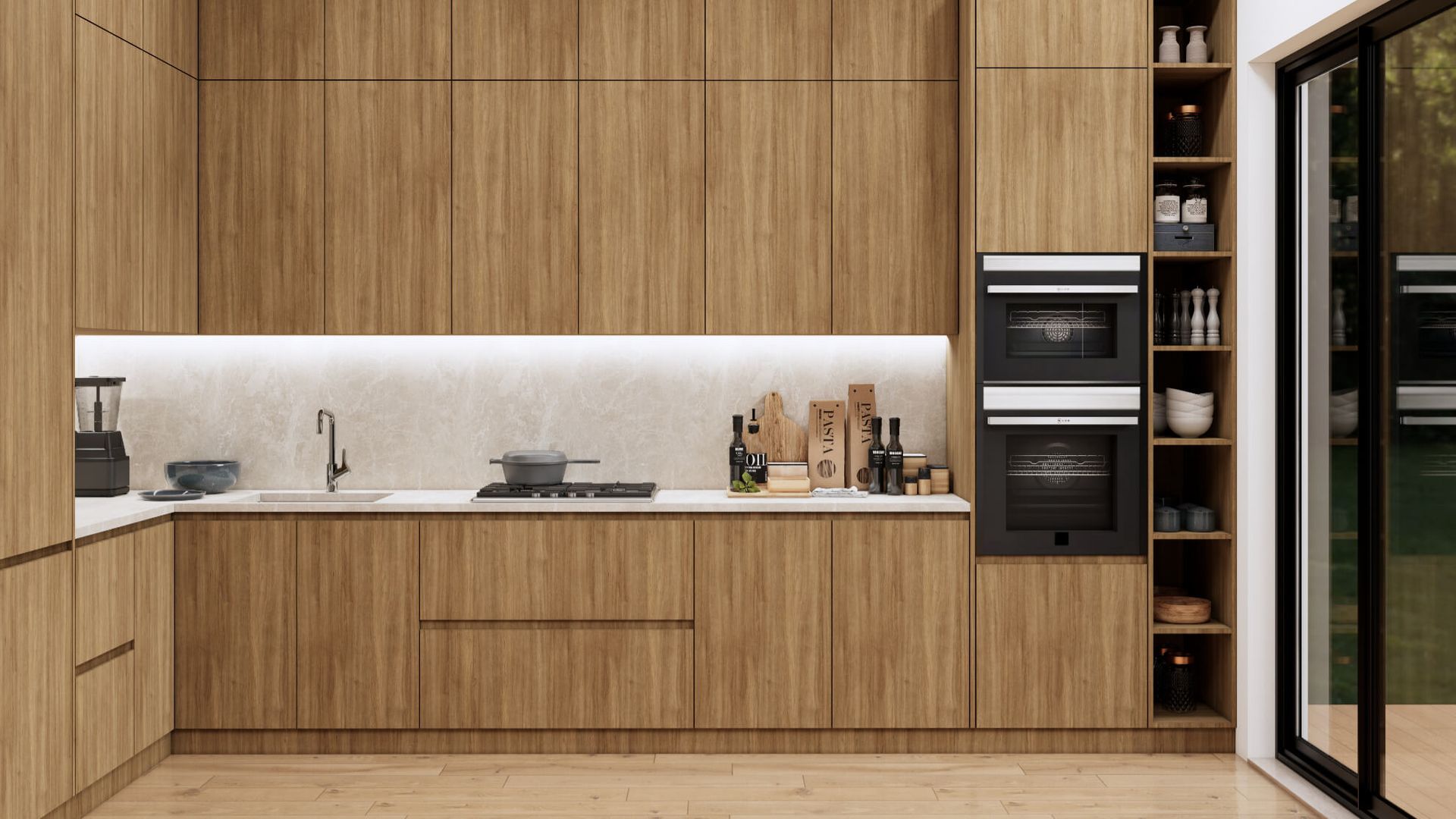 A kitchen with wooden cabinets , a sink , an oven , and a sliding glass door.