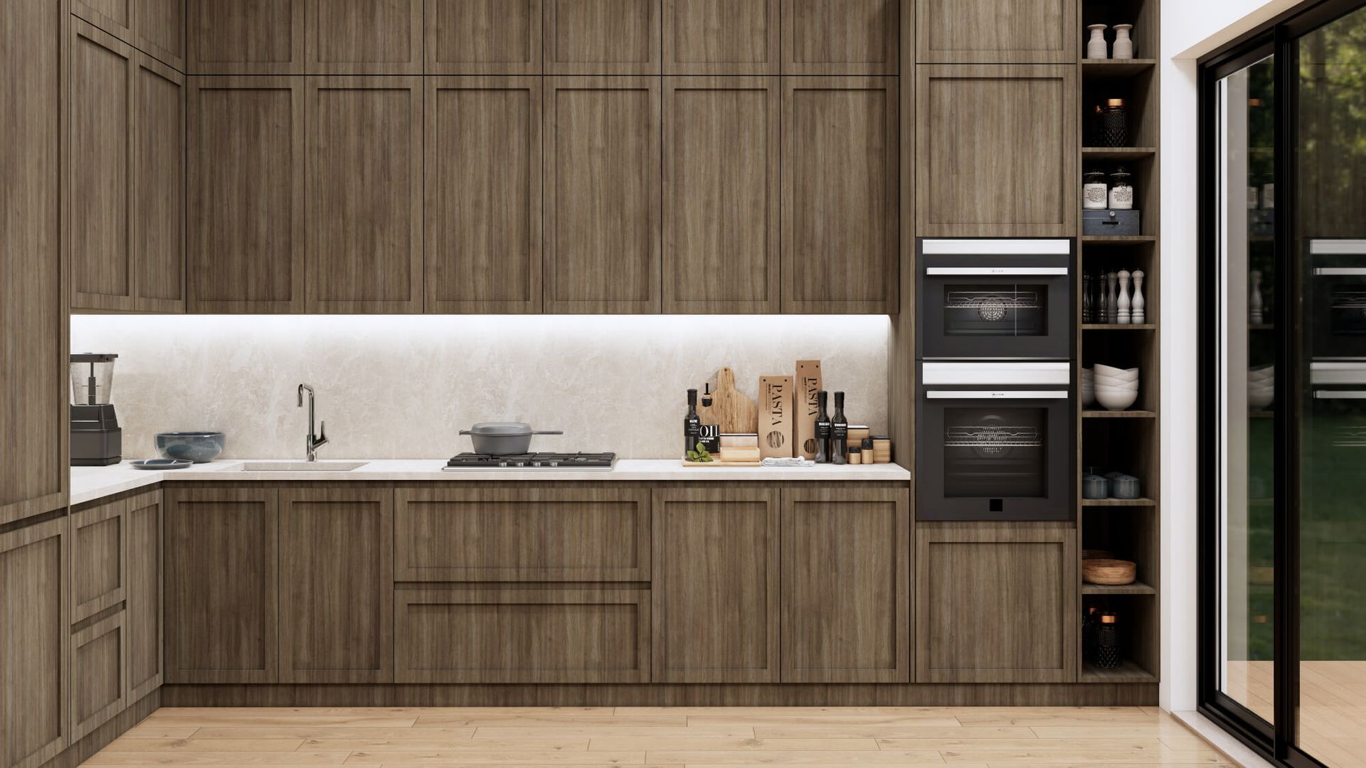 A kitchen with wooden cabinets and a sliding glass door.