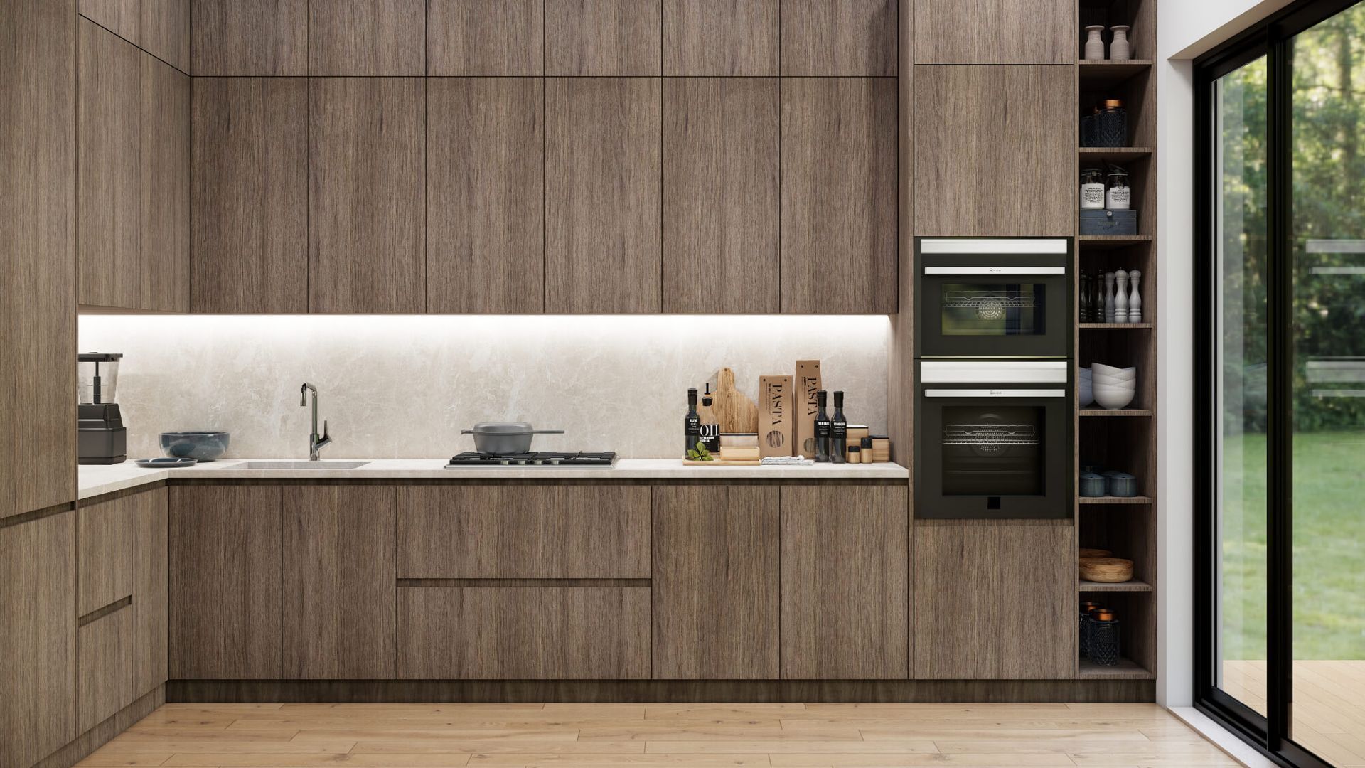 A kitchen with wooden cabinets and a sliding glass door.