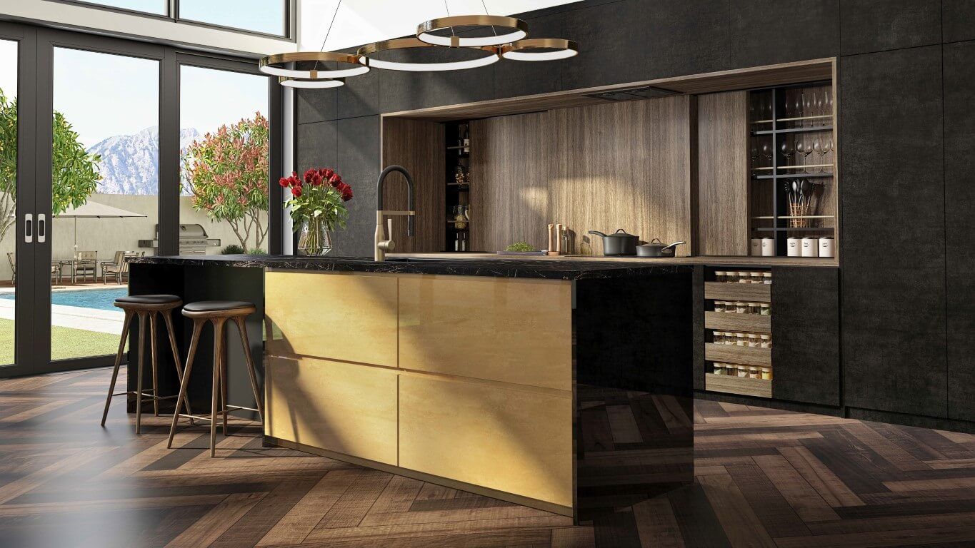 A kitchen with a large island in the middle of the room.