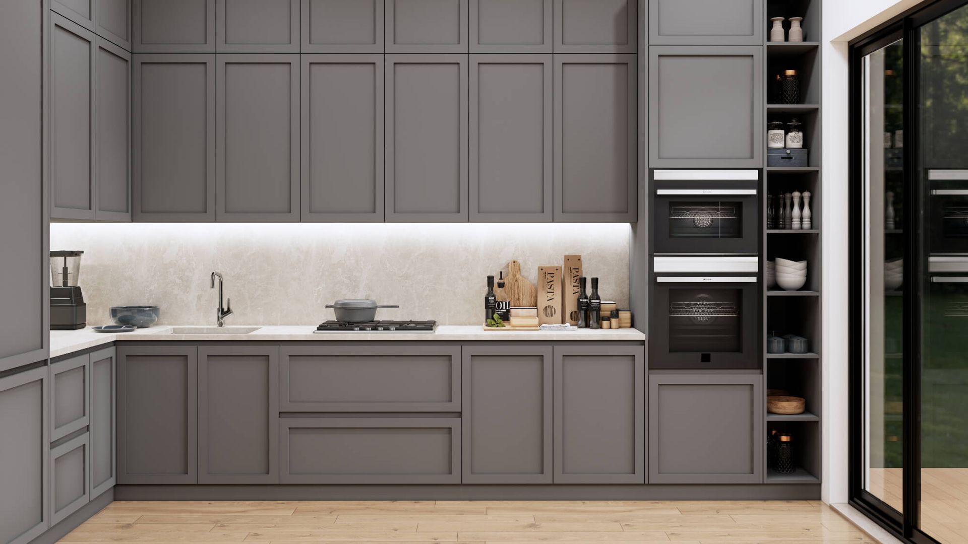 A kitchen with gray cabinets , a sink , and a stove.