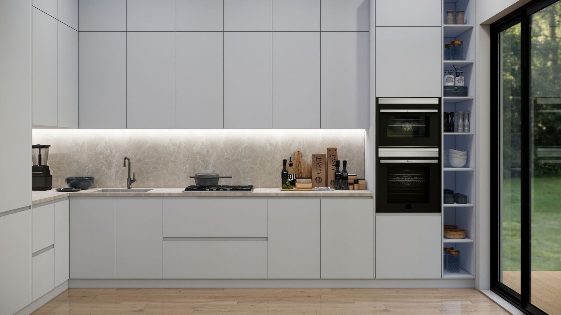 A kitchen with white cabinets , a stove , a microwave , and a sliding glass door.