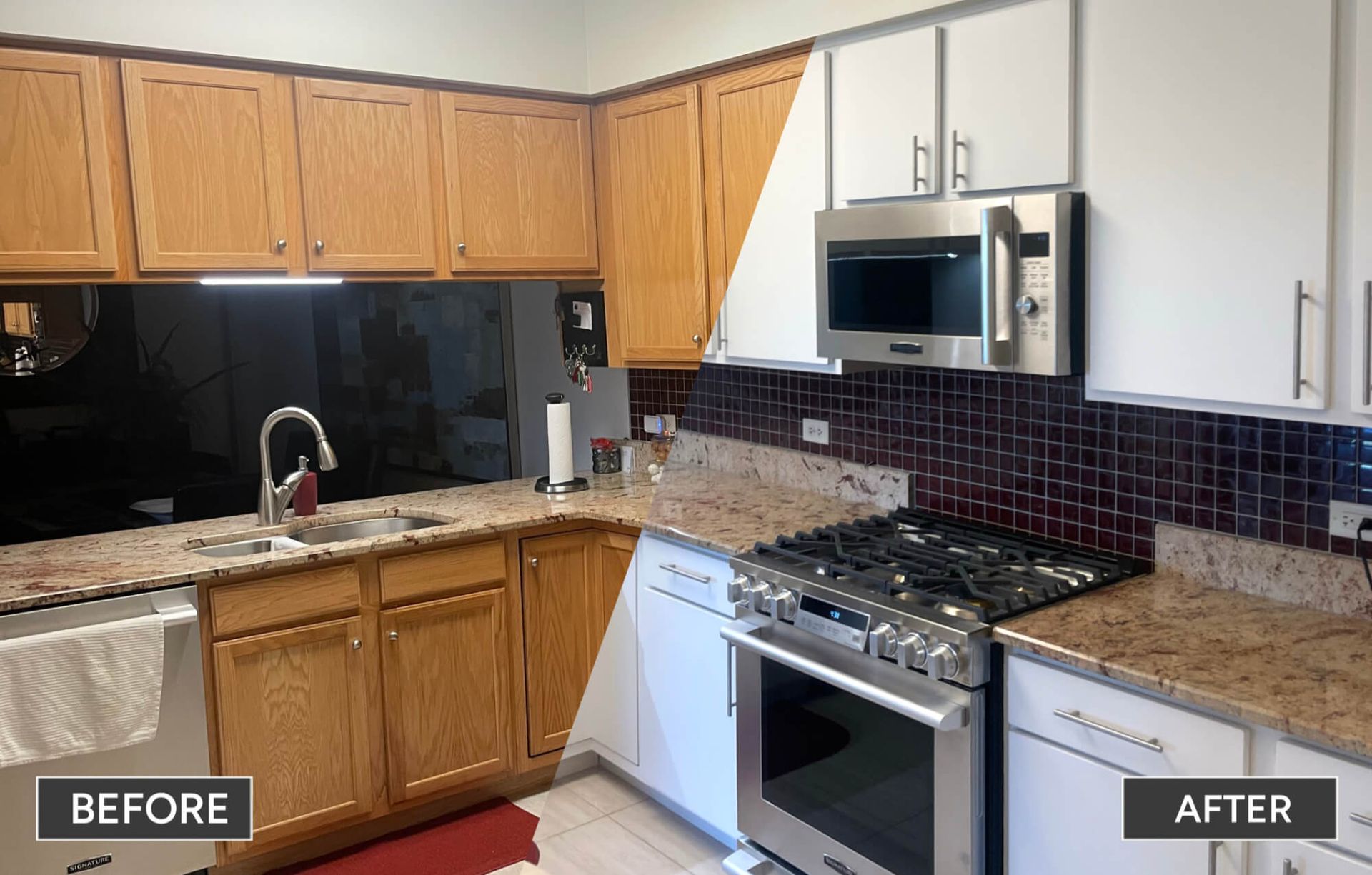 Kitchen transformation: Oak cabinets painted white, with granite countertops and stainless steel appliances.