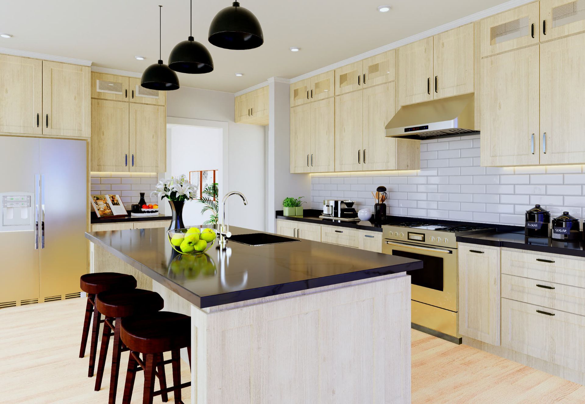 A kitchen with wooden cabinets , granite counter tops , stainless steel appliances and a large island.