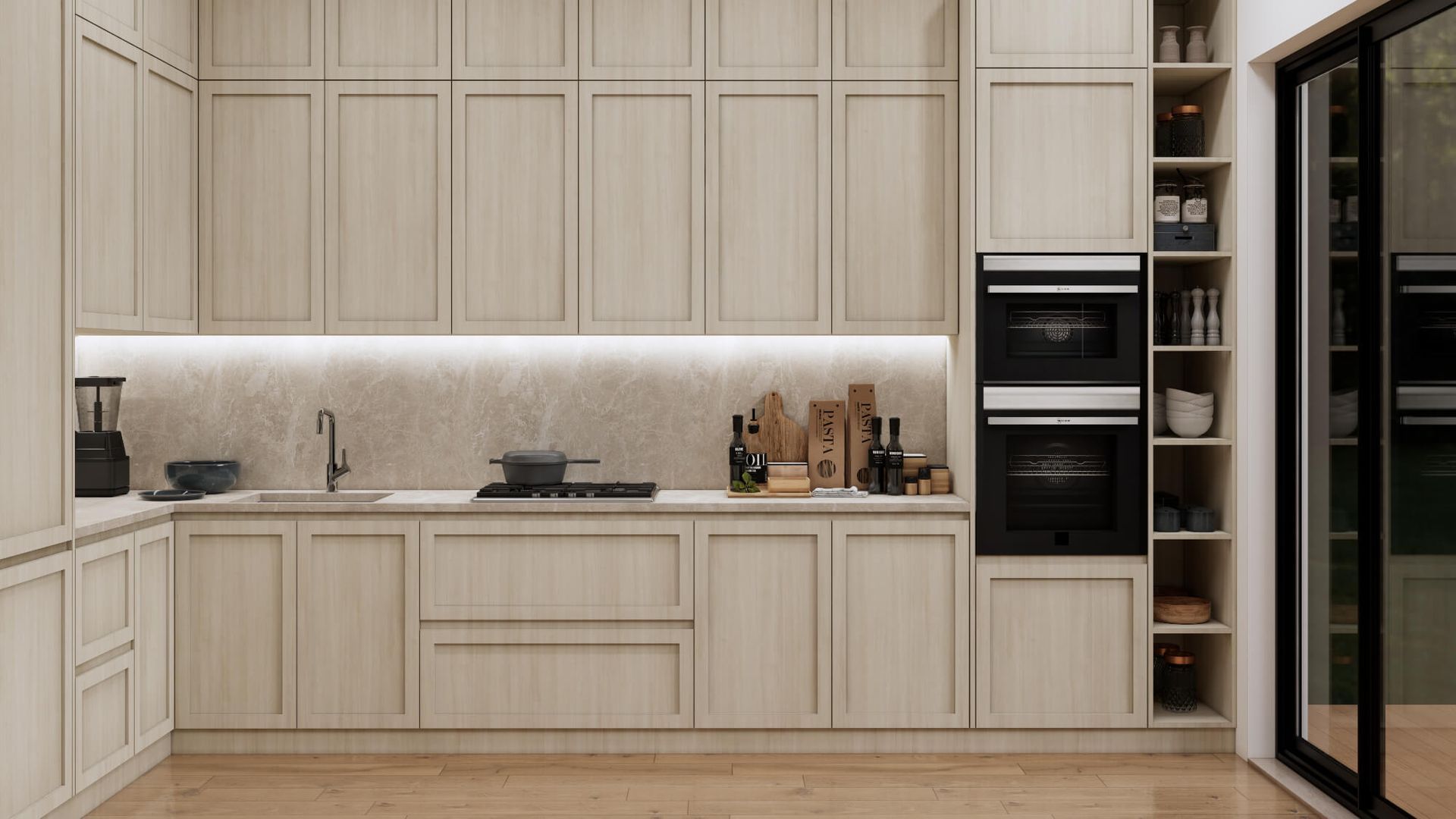 A kitchen with wooden cabinets , stainless steel appliances , a sink , and a stove.