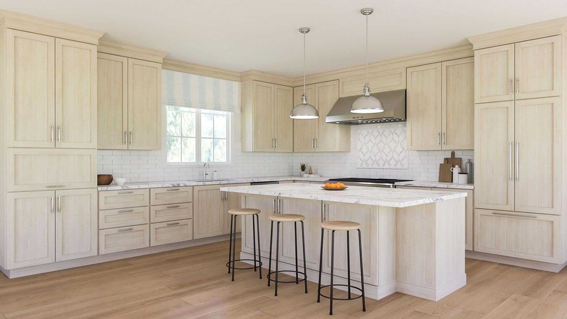 A kitchen with white cabinets and stools and a large island.