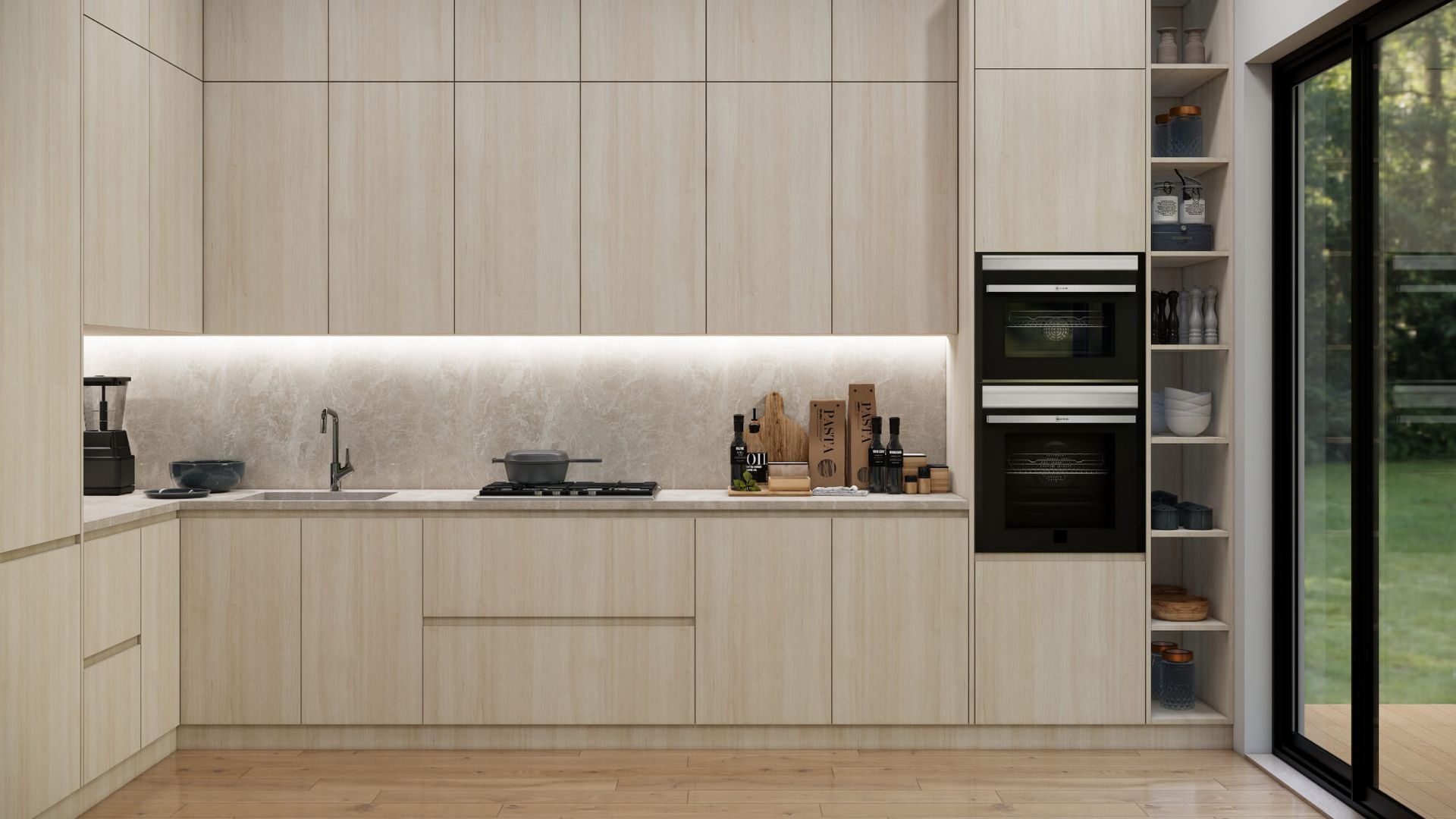 A kitchen with wooden cabinets and a sliding glass door.