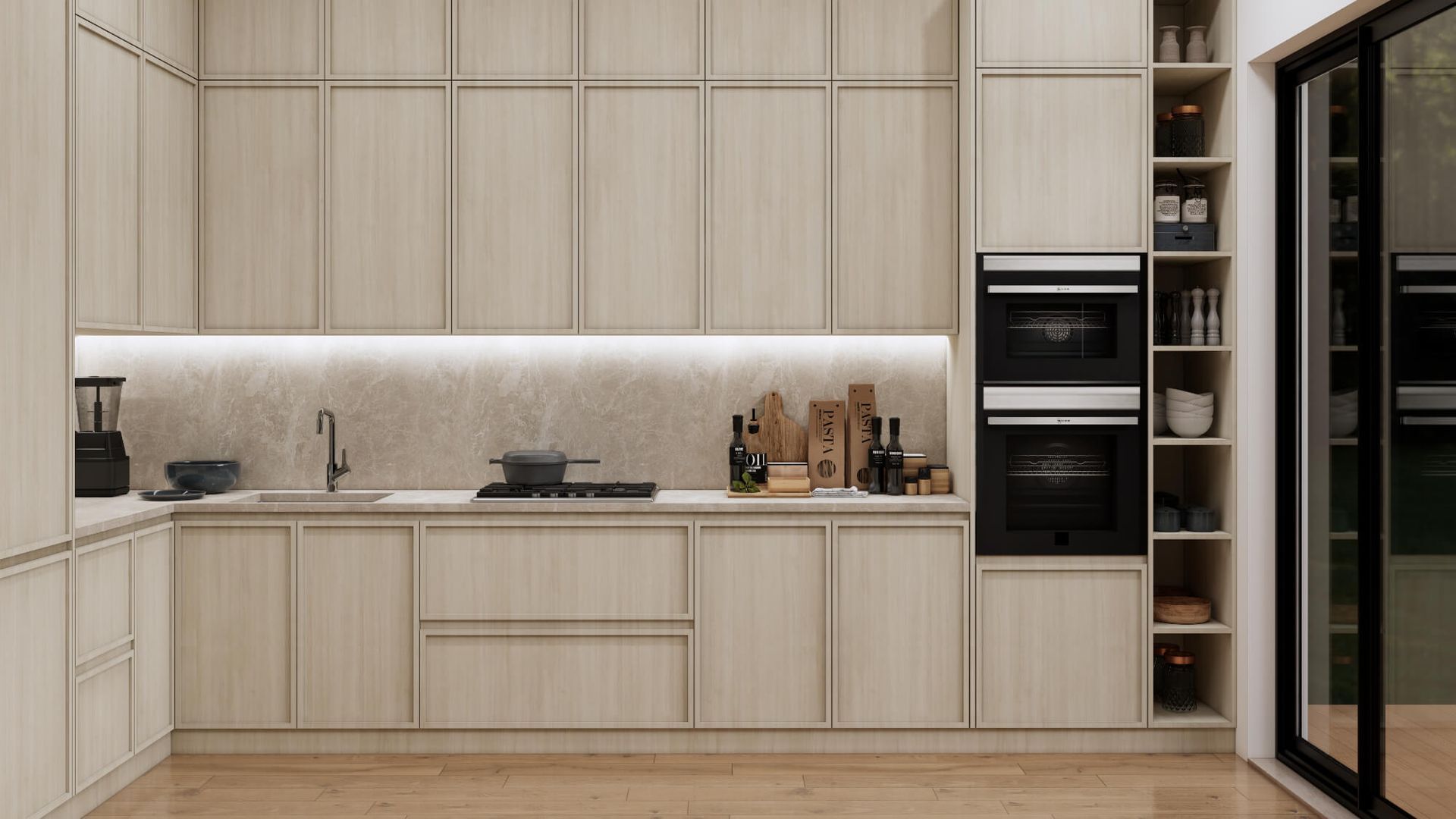 A kitchen with wooden cabinets , a sink , an oven , and a sliding glass door.
