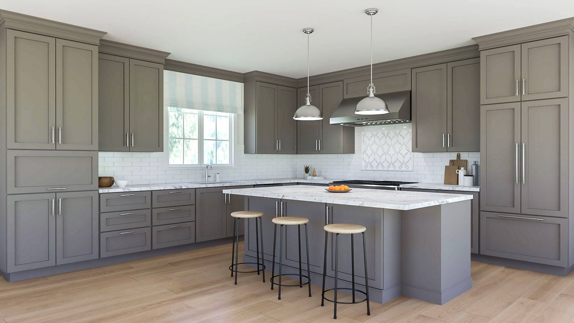 A kitchen with gray cabinets , white counter tops , and a large island.