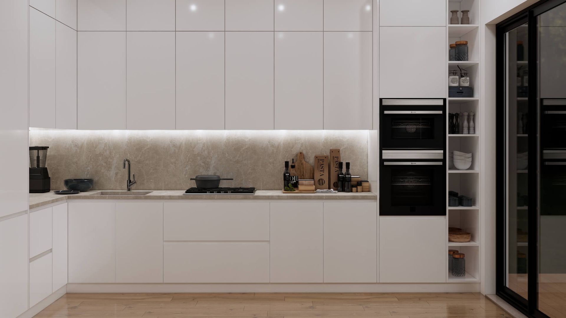 A kitchen with white cabinets , black appliances , a sink , and a stove.