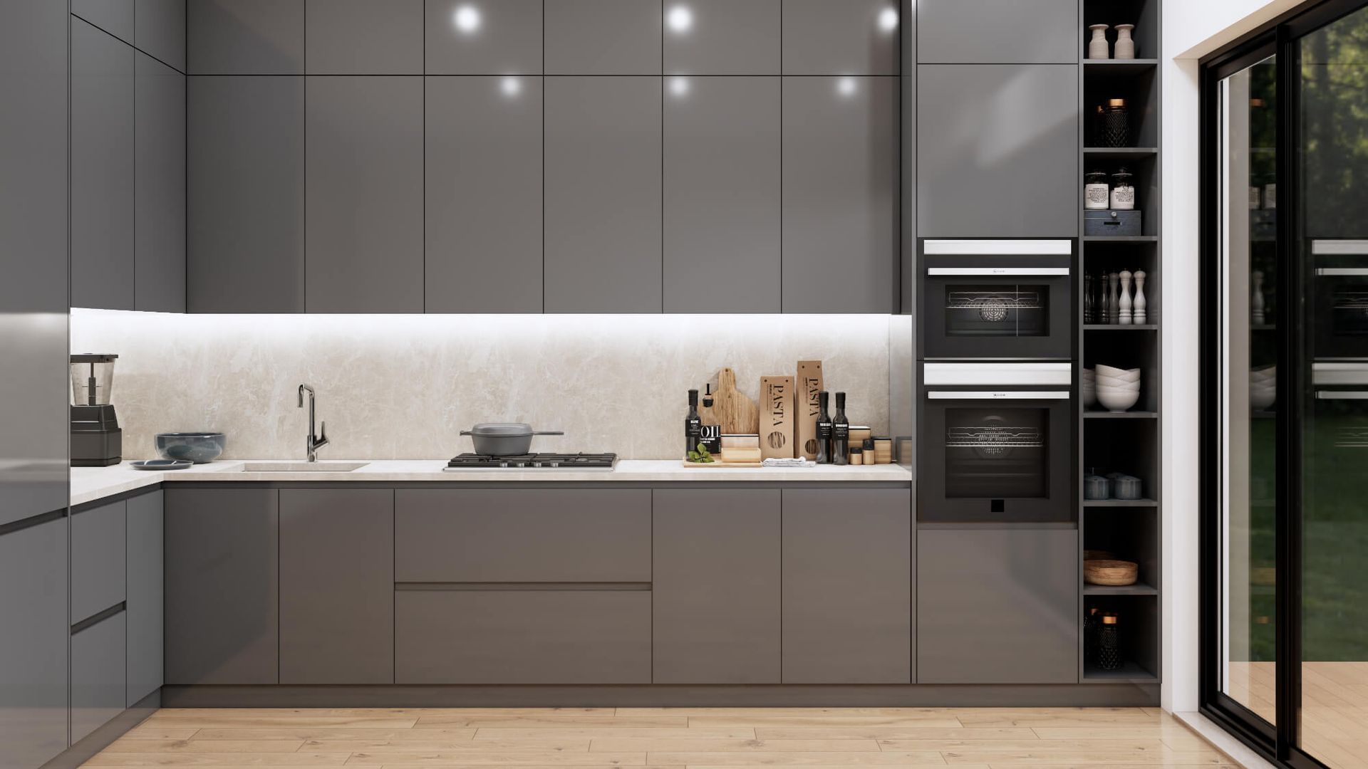 A kitchen with gray cabinets , a sink , and a stove.