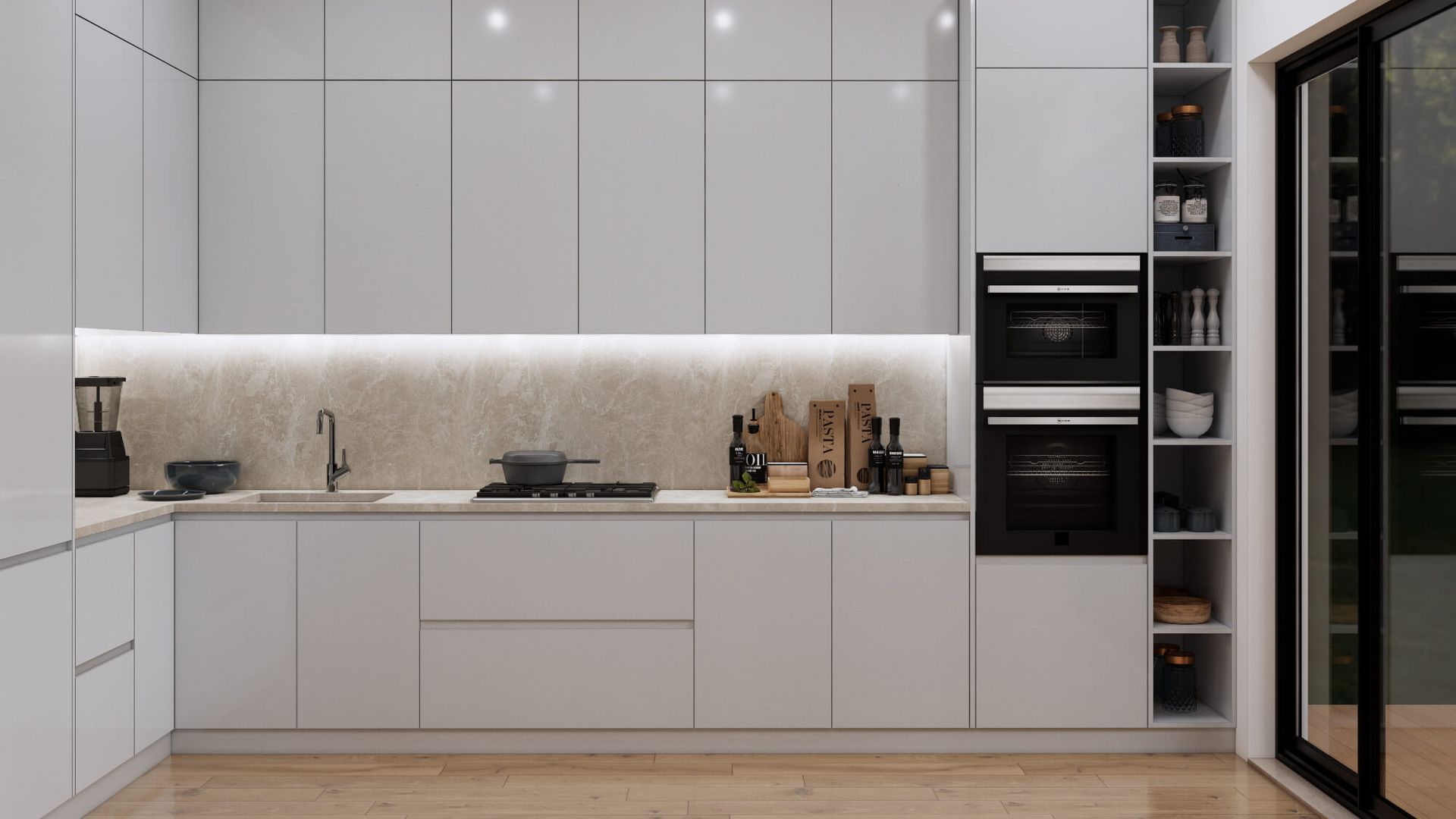 A modern kitchen with white cabinets , wooden floors , and sliding glass doors.